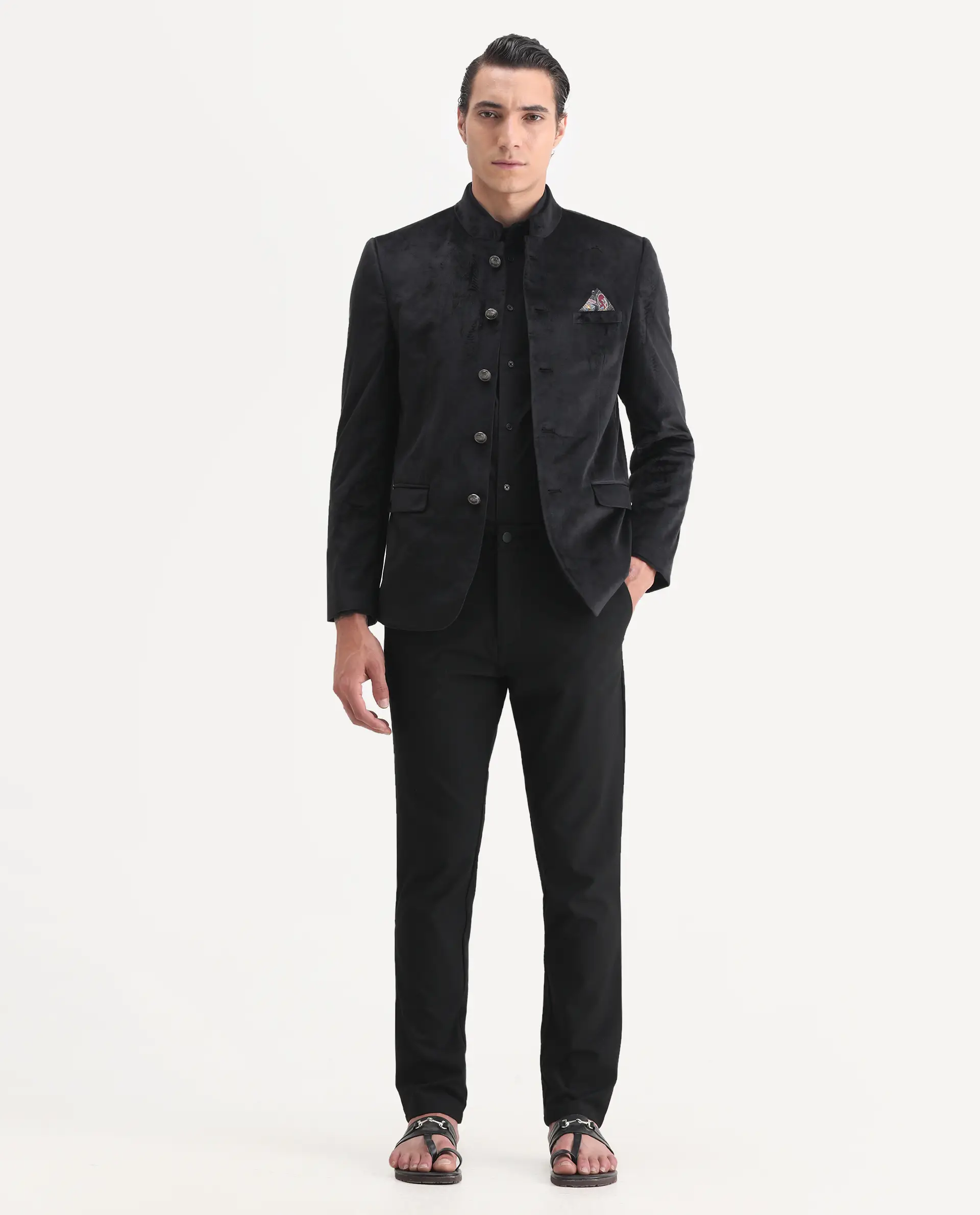 Rare Rabbit Men's Bozelli Black Velvet Plain Tailored Fit Full Sleeve Mandarin Collar Bandhgala Jodhpuri - Image 2