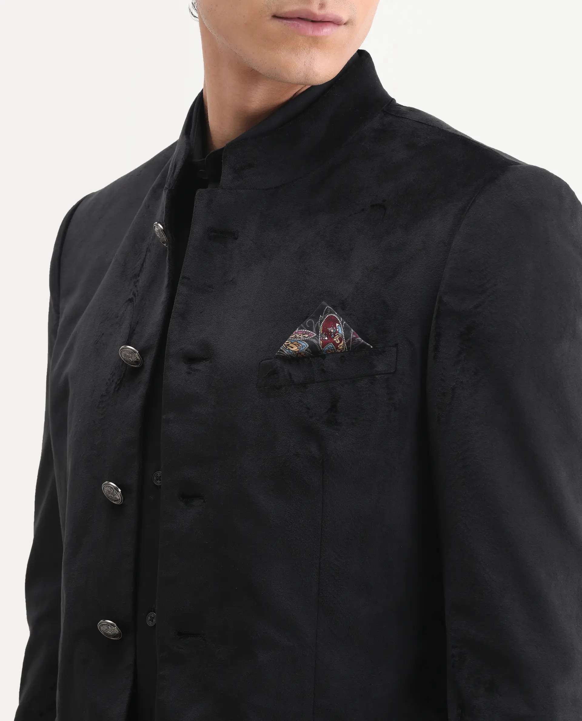 Rare Rabbit Men's Bozelli Black Velvet Plain Tailored Fit Full Sleeve Mandarin Collar Bandhgala Jodhpuri - Image 3