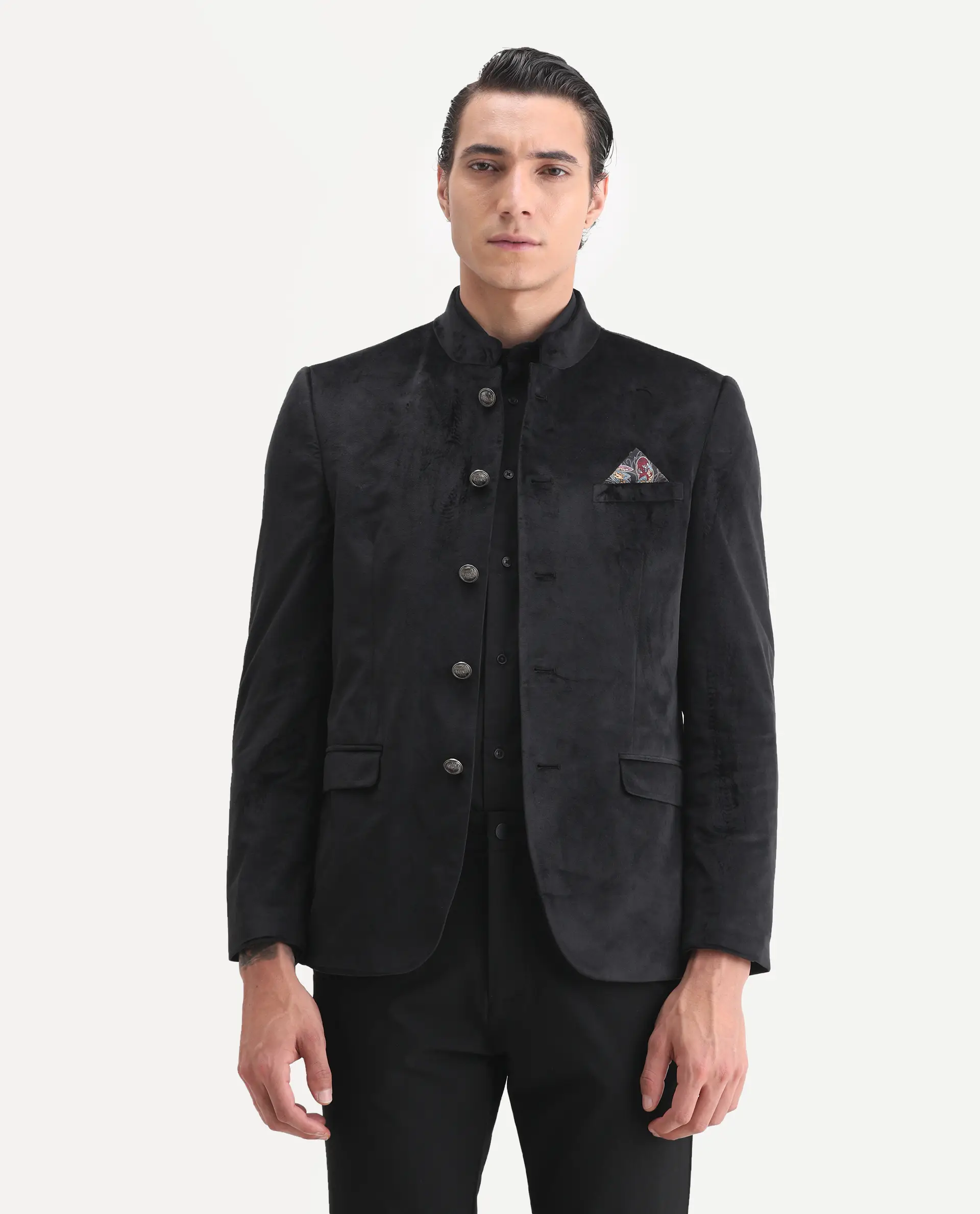 Rare Rabbit Men's Bozelli Black Velvet Plain Tailored Fit Full Sleeve Mandarin Collar Bandhgala Jodhpuri - Image 4