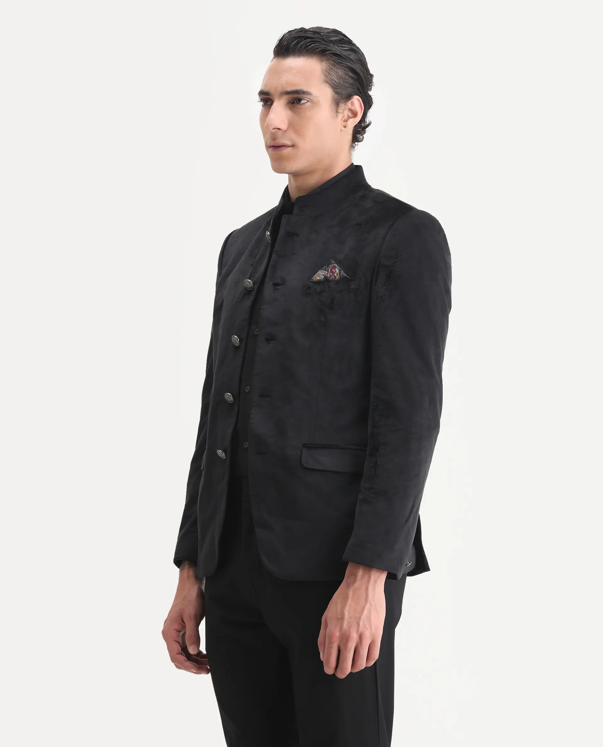 Rare Rabbit Men's Bozelli Black Velvet Plain Tailored Fit Full Sleeve Mandarin Collar Bandhgala Jodhpuri - Image 5