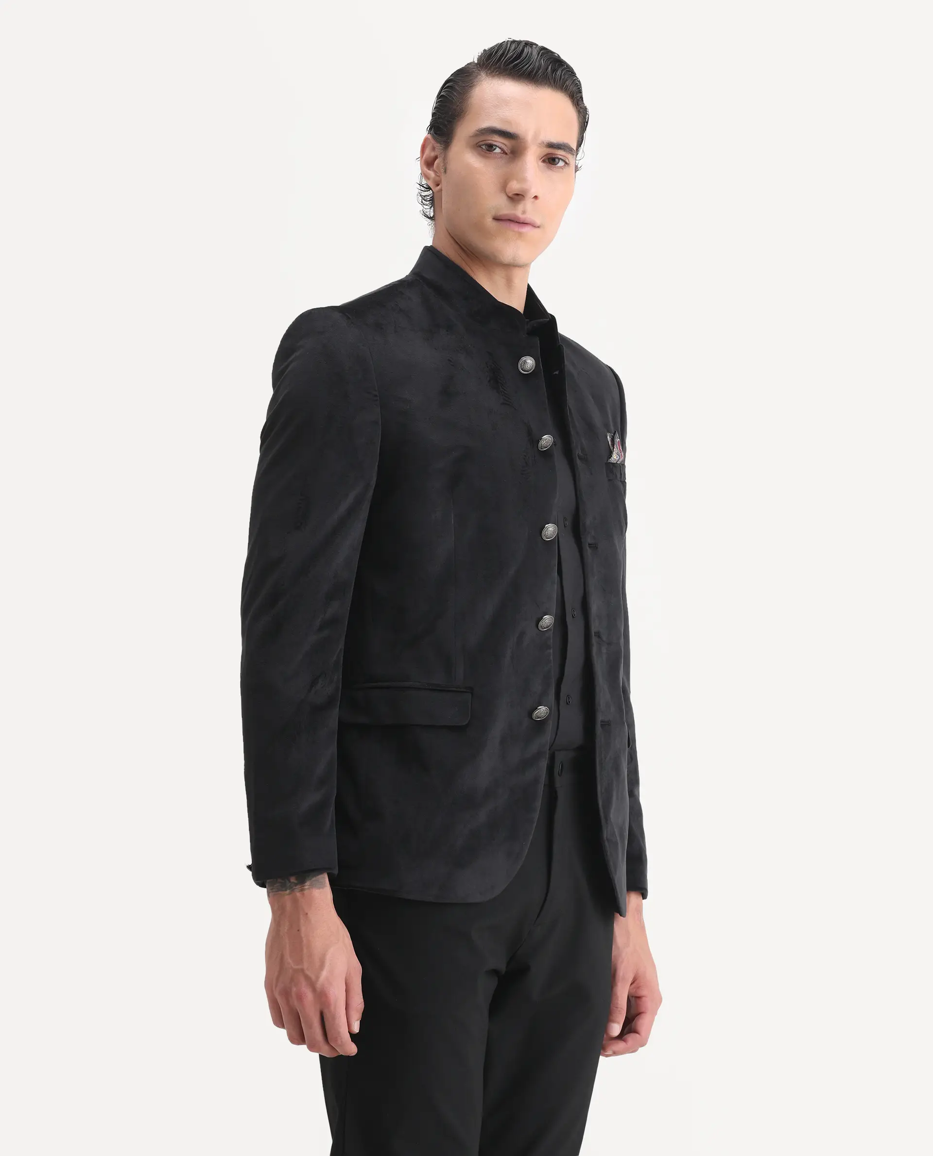 Rare Rabbit Men's Bozelli Black Velvet Plain Tailored Fit Full Sleeve Mandarin Collar Bandhgala Jodhpuri - Image 6