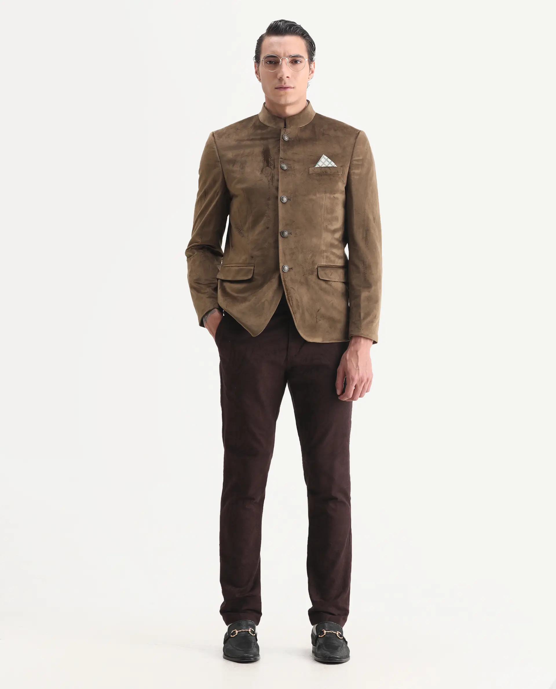 Rare Rabbit Men's Bozelli Olive Velvet Plain Tailored Fit Full Sleeve Mandarin Collar Bandhgala Jodhpuri - Image 2