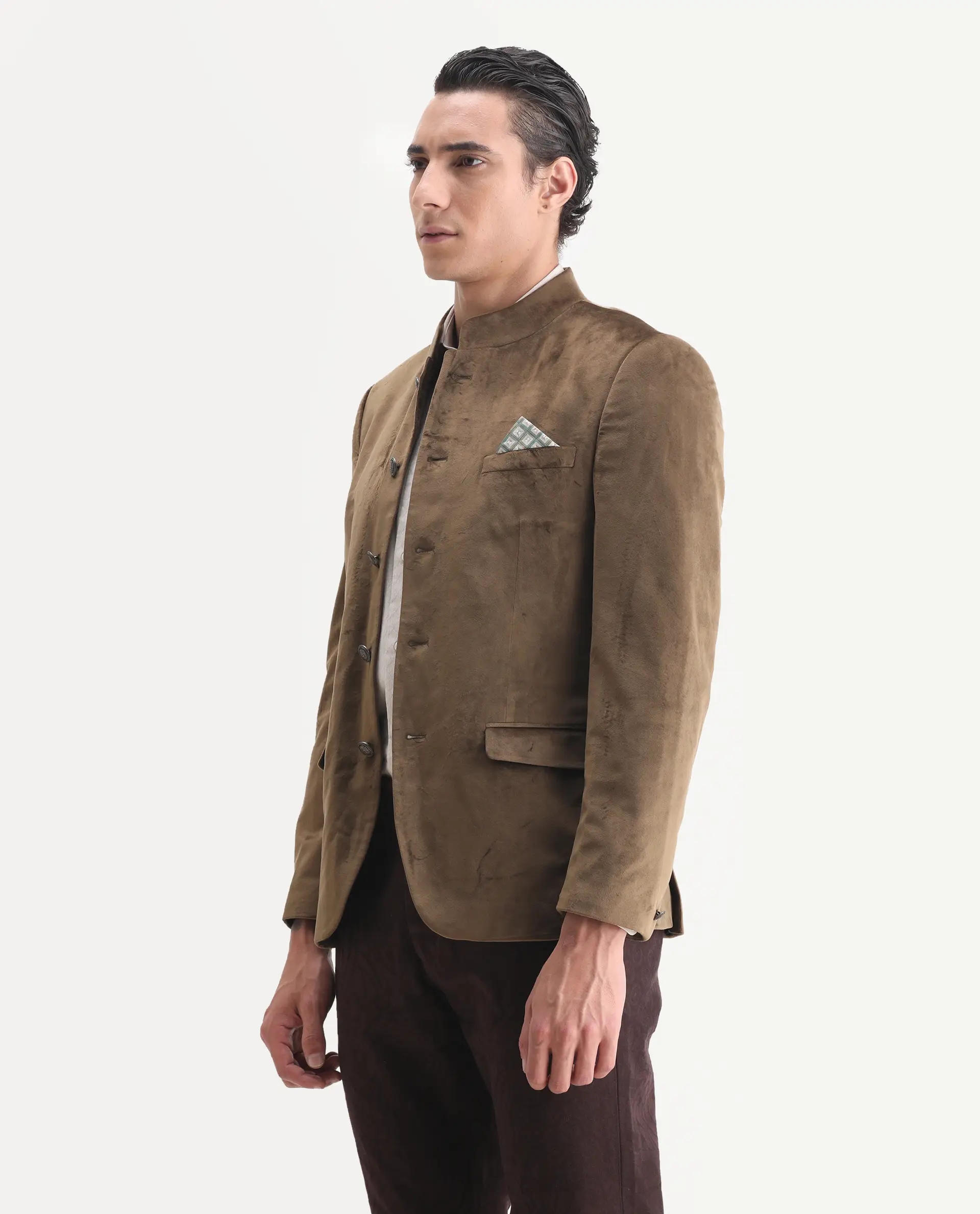 Rare Rabbit Men's Bozelli Olive Velvet Plain Tailored Fit Full Sleeve Mandarin Collar Bandhgala Jodhpuri - Image 4