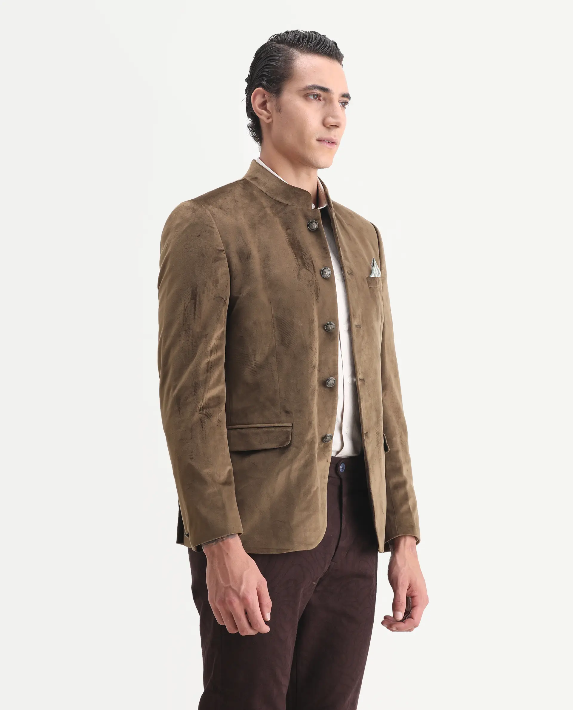Rare Rabbit Men's Bozelli Olive Velvet Plain Tailored Fit Full Sleeve Mandarin Collar Bandhgala Jodhpuri - Image 5