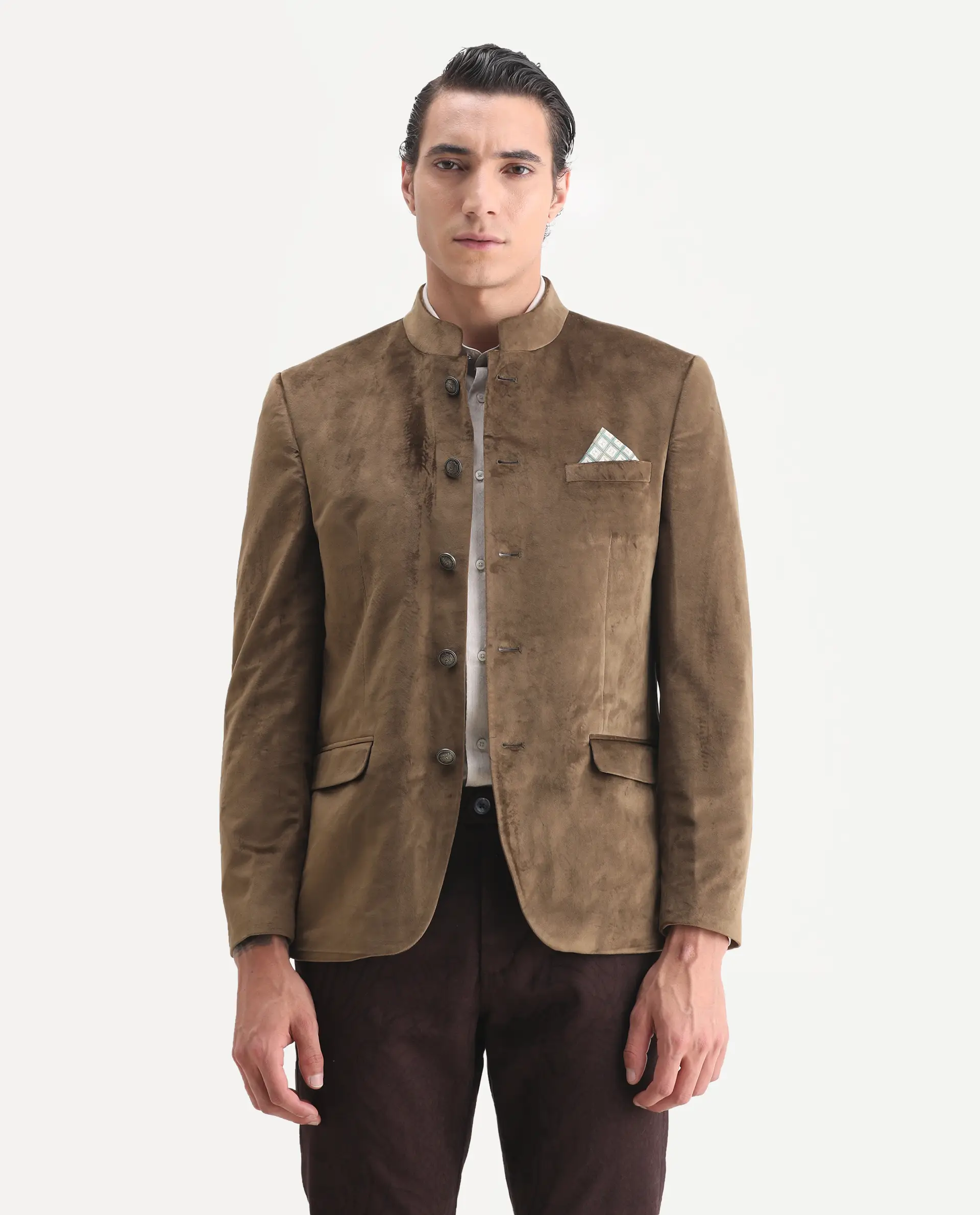 Rare Rabbit Men's Bozelli Olive Velvet Plain Tailored Fit Full Sleeve Mandarin Collar Bandhgala Jodhpuri - Image 6