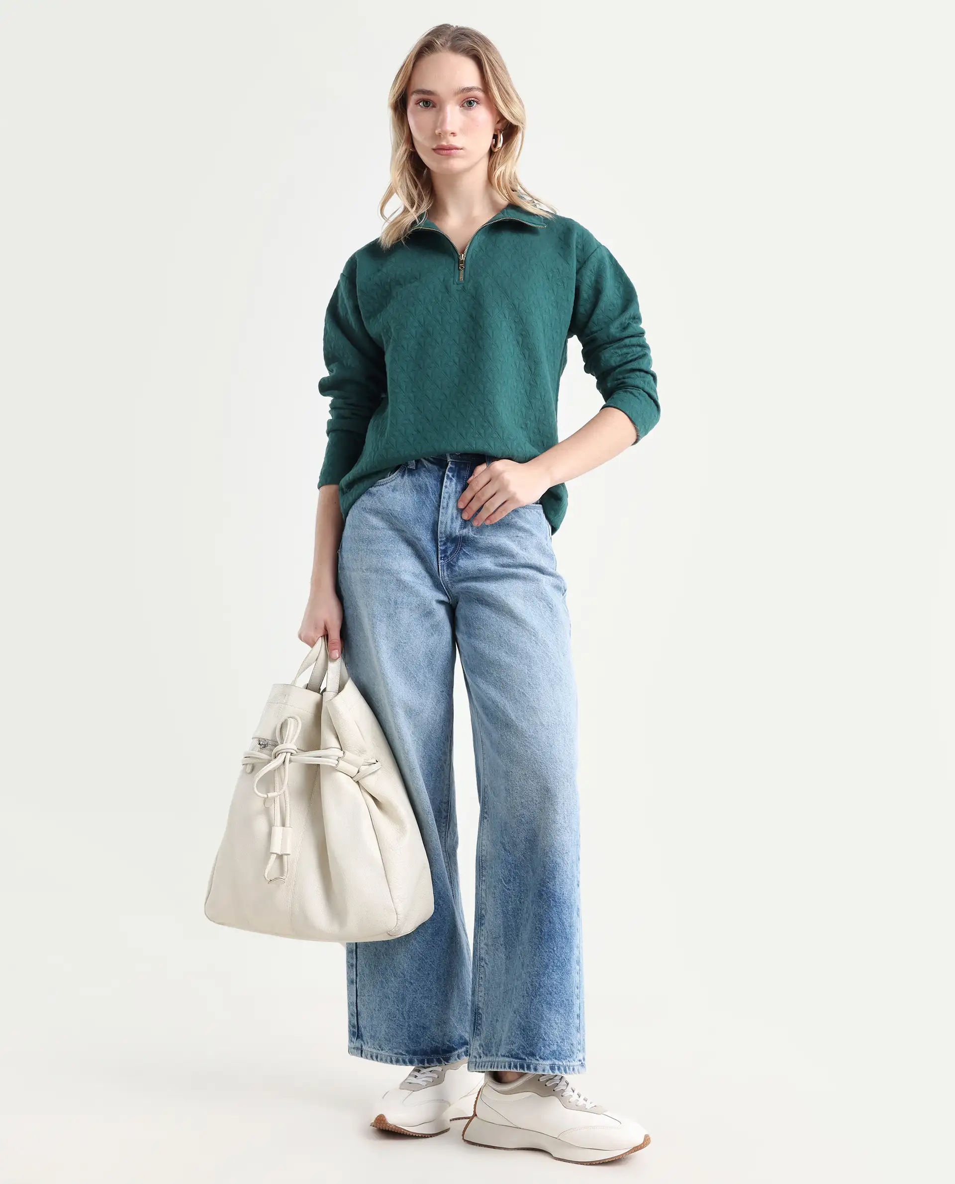 Rareism Women's Bozo Green High Neck Textured Regular Fit Sweatshirt - Image 2