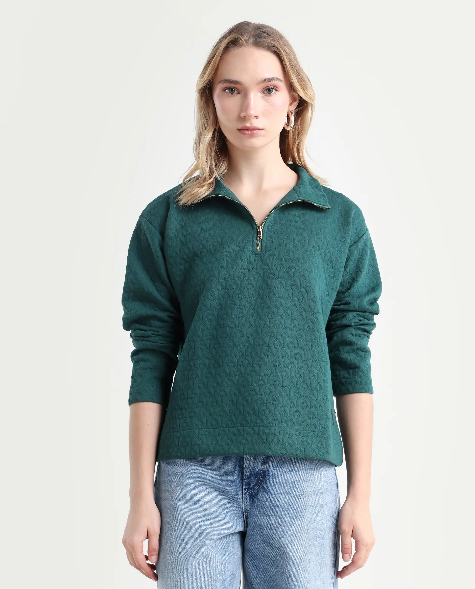 Rareism Women's Bozo Green High Neck Textured Regular Fit Sweatshirt - Image 3