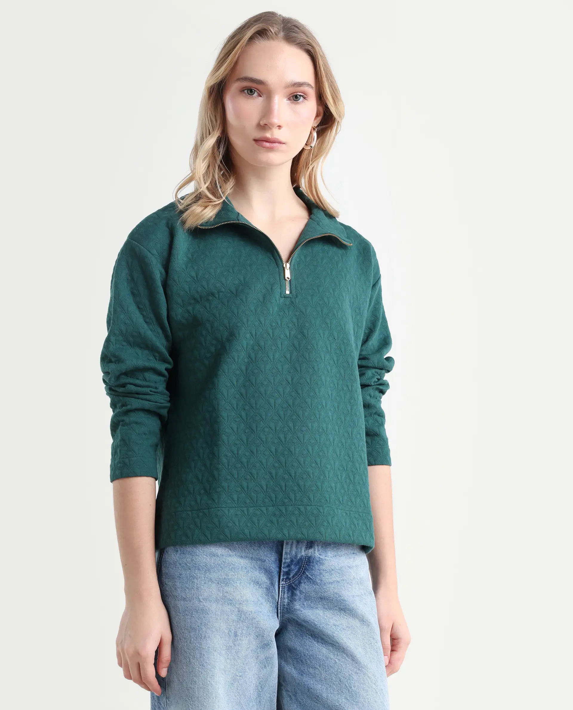 Rareism Women's Bozo Green High Neck Textured Regular Fit Sweatshirt - Image 6