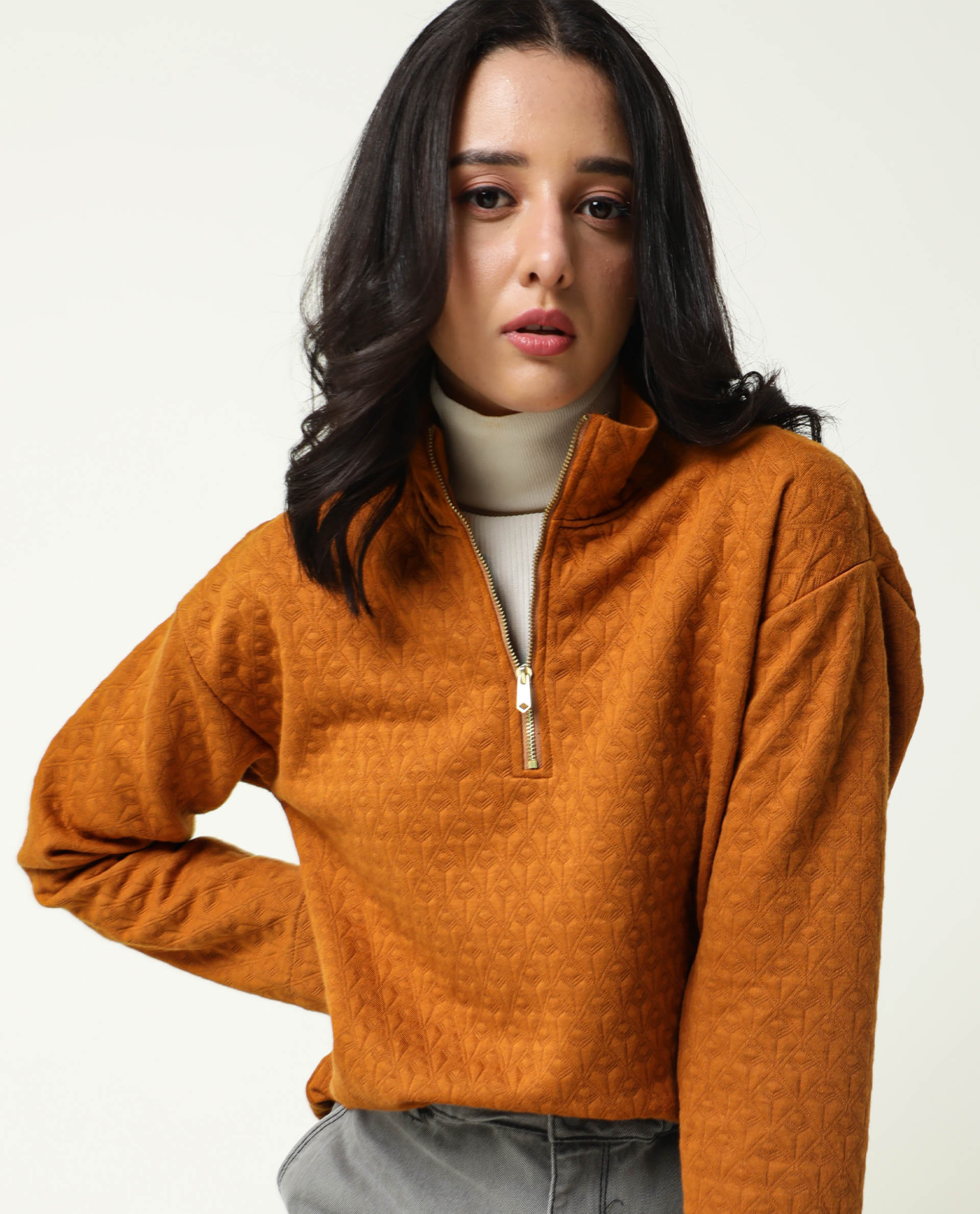 Rareism Women's Bozo Rust High Neck Textured Regular Fit Sweatshirt