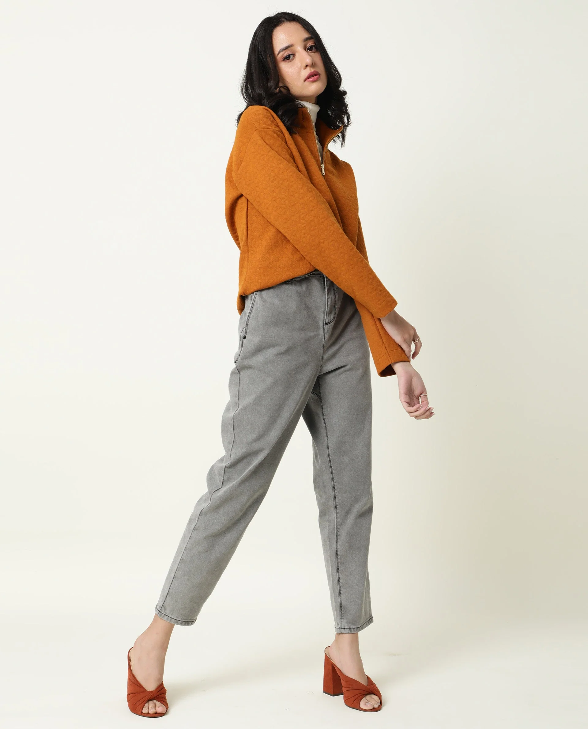 Rareism Women's Bozo Rust High Neck Textured Regular Fit Sweatshirt - Image 3