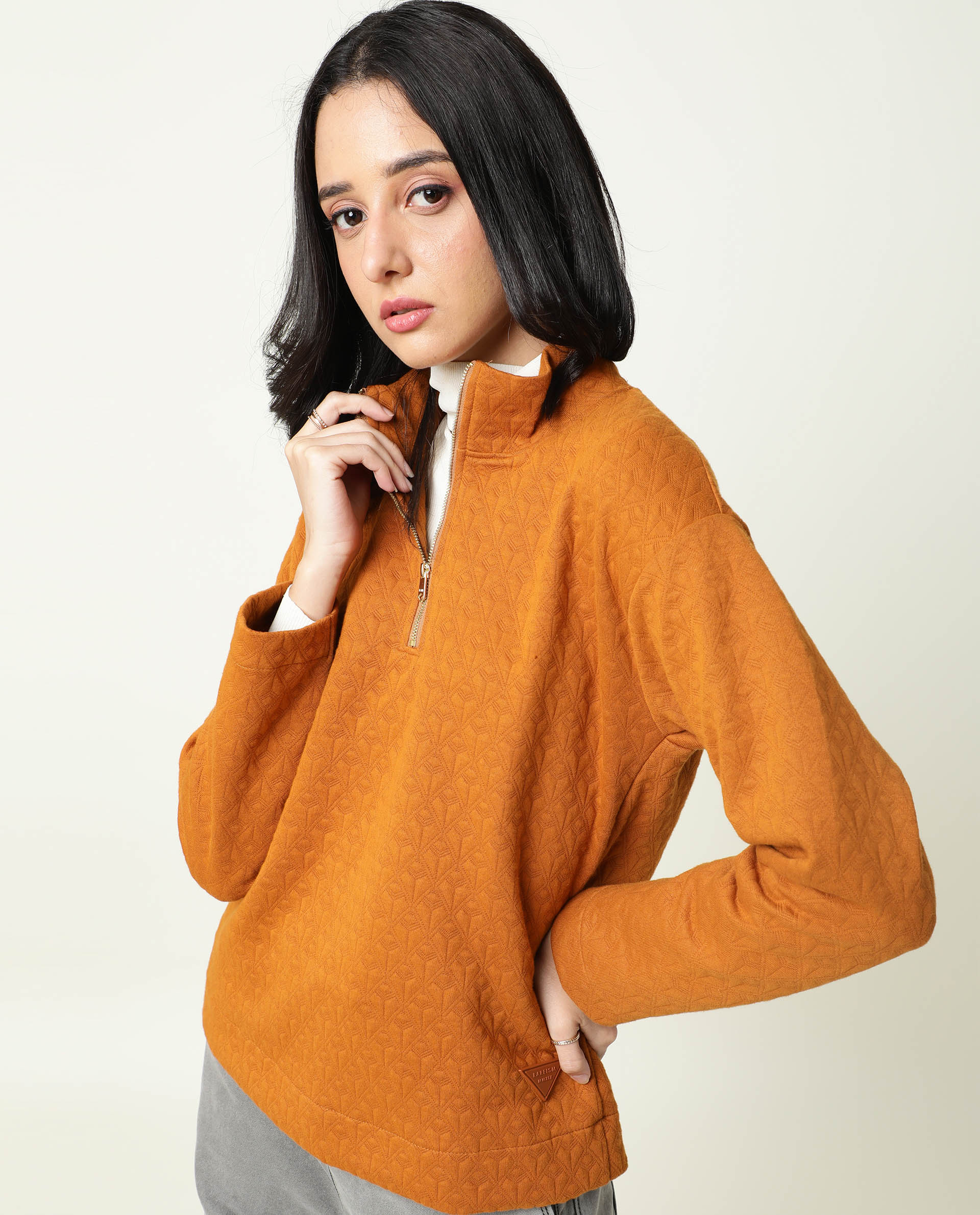 Rareism Women's Bozo Rust High Neck Textured Regular Fit Sweatshirt - Image 6