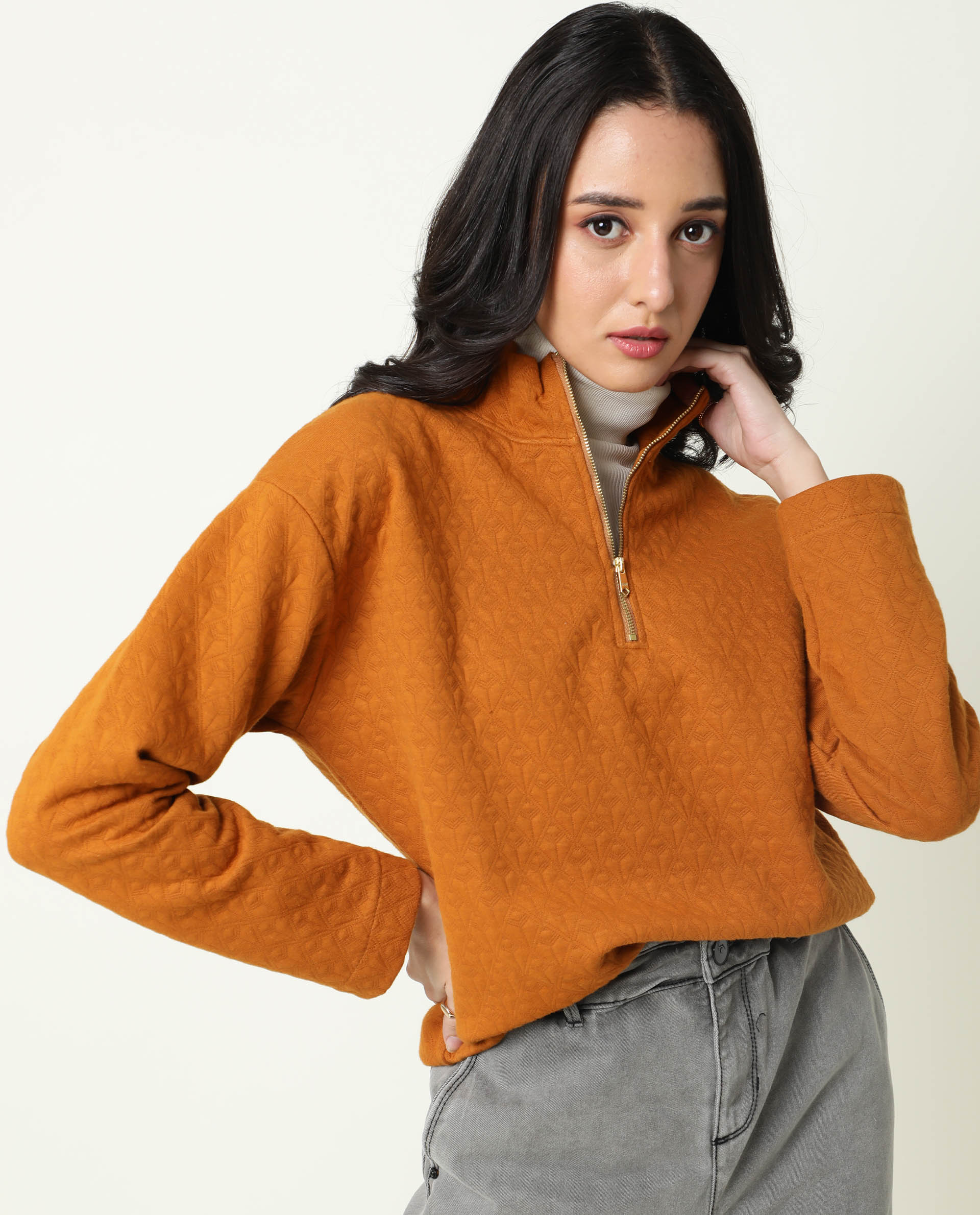 Rareism Women's Bozo Rust High Neck Textured Regular Fit Sweatshirt - Image 7