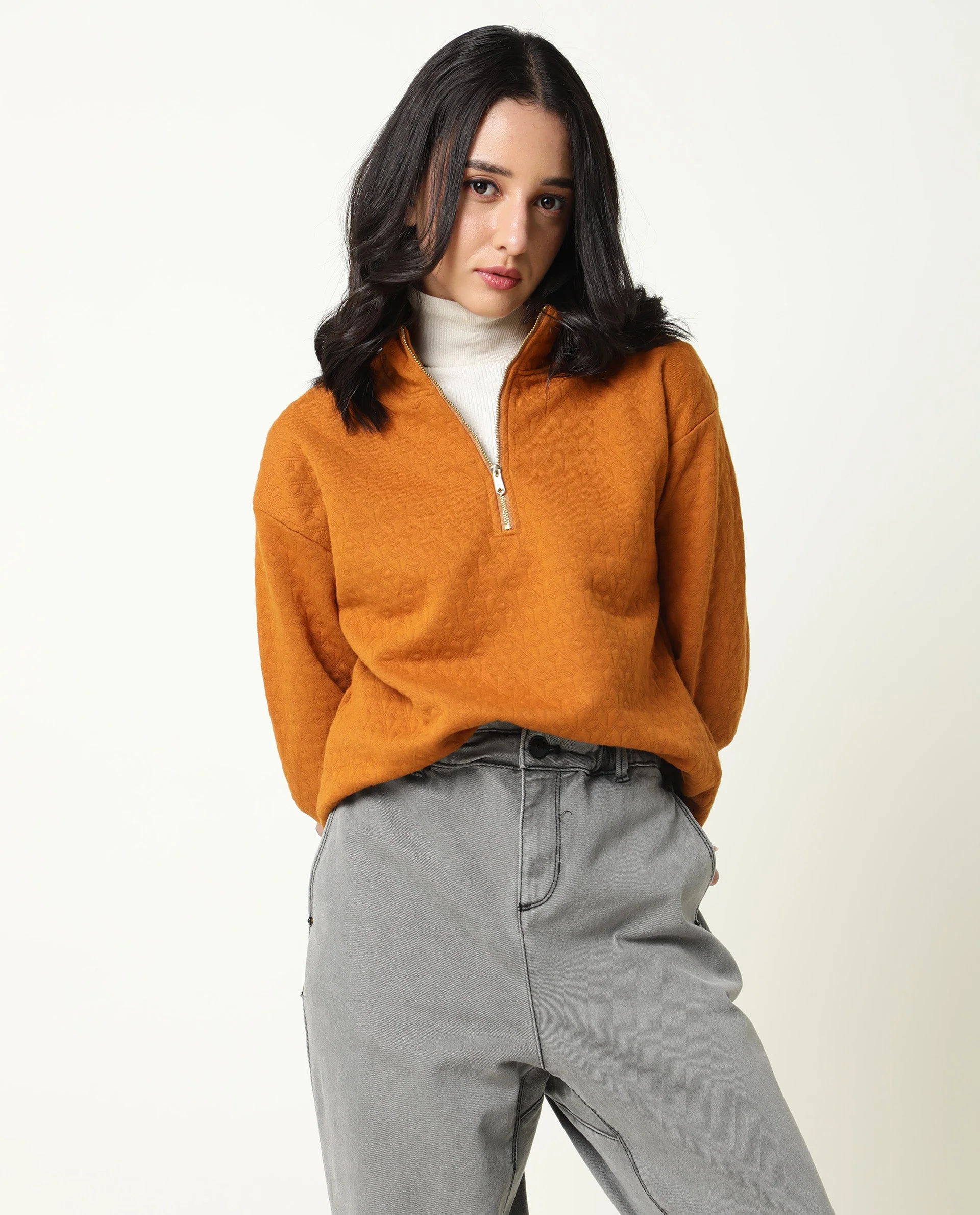 Rareism Women's Bozo Rust High Neck Textured Regular Fit Sweatshirt - Image 8
