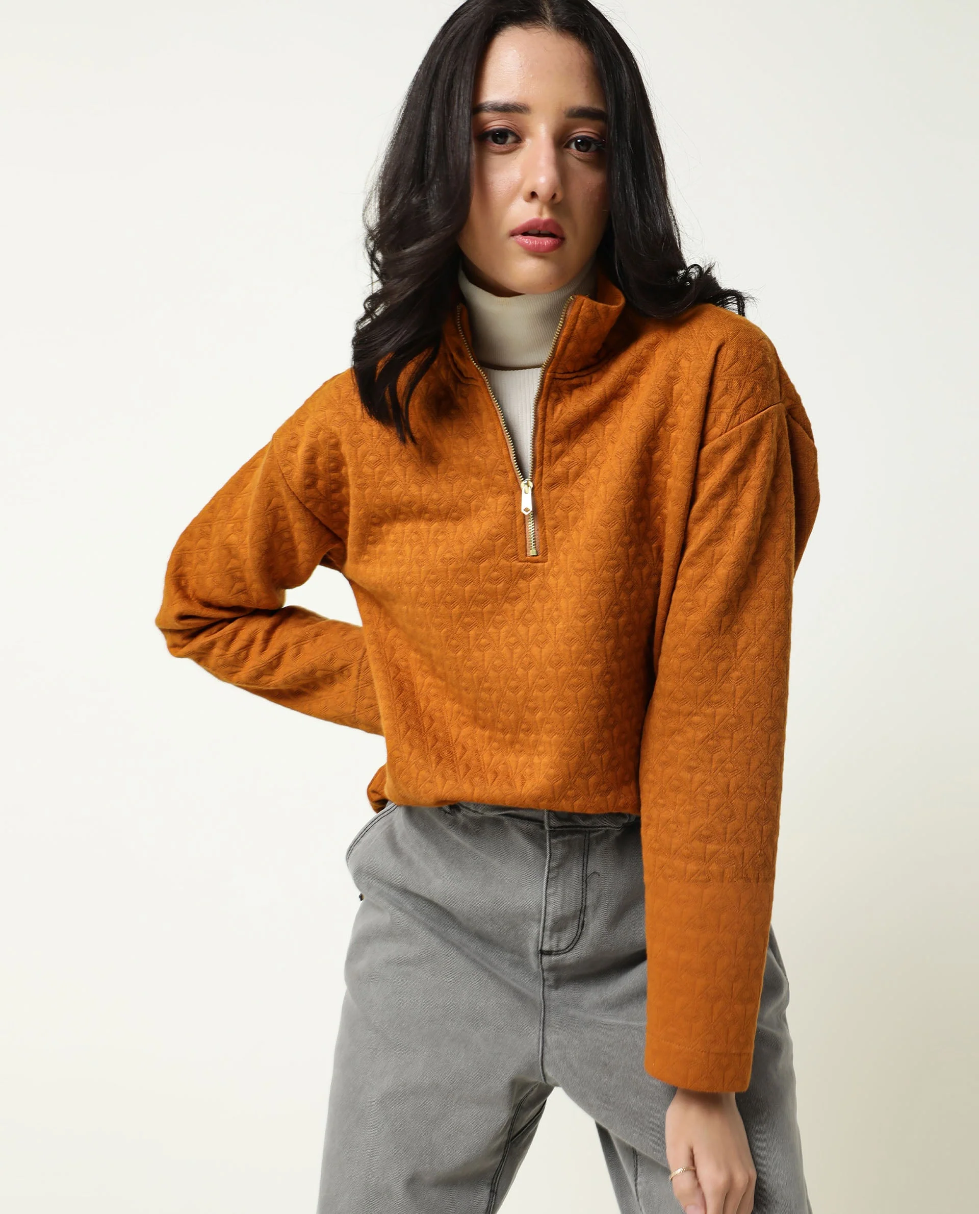 Rareism Women's Bozo Rust High Neck Textured Regular Fit Sweatshirt - Image 9
