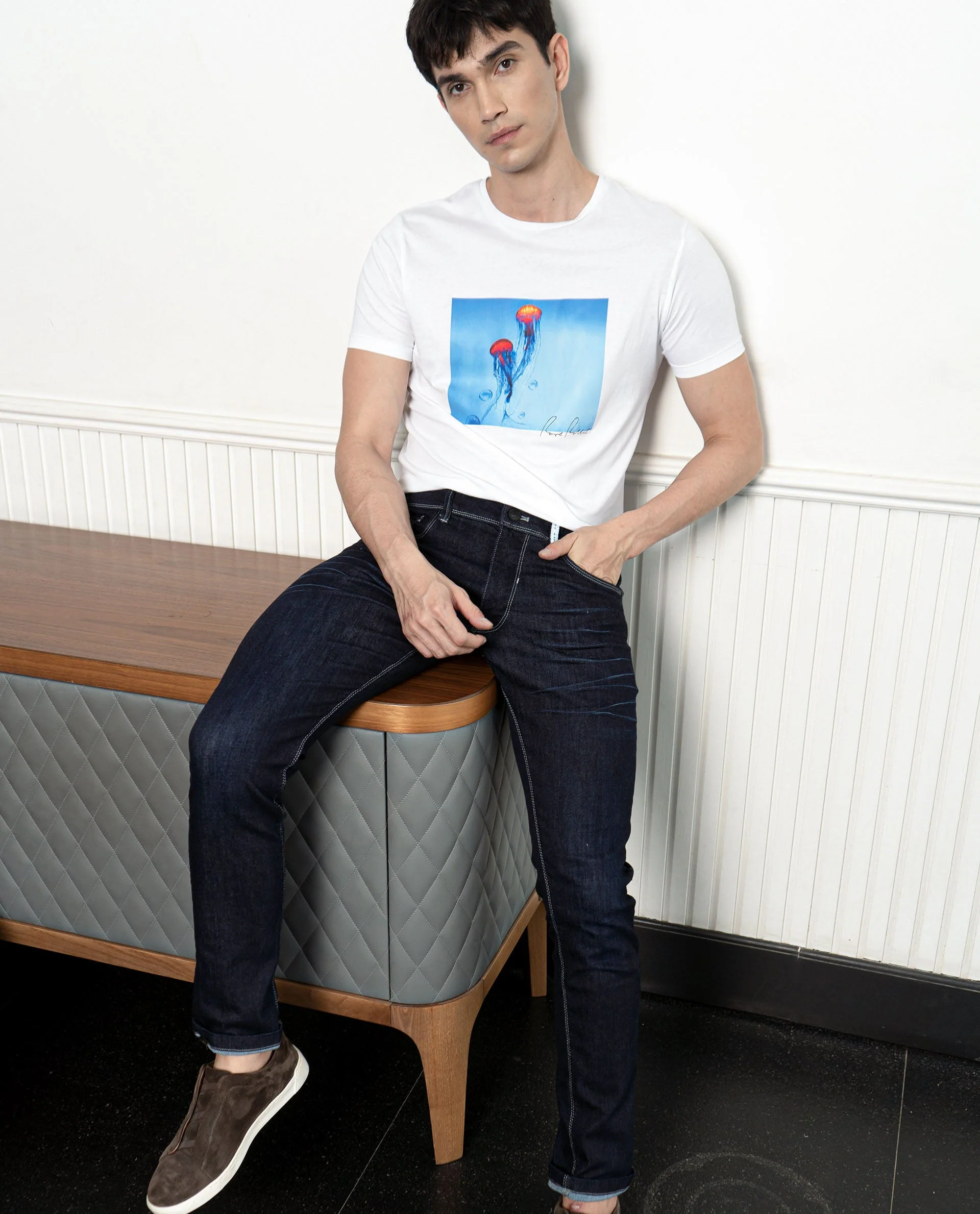 Rare Rabbit Men's Brad White Cotton Graphic Print Slim Fit Half Sleeve Crew Neck T-Shirt - Image 2