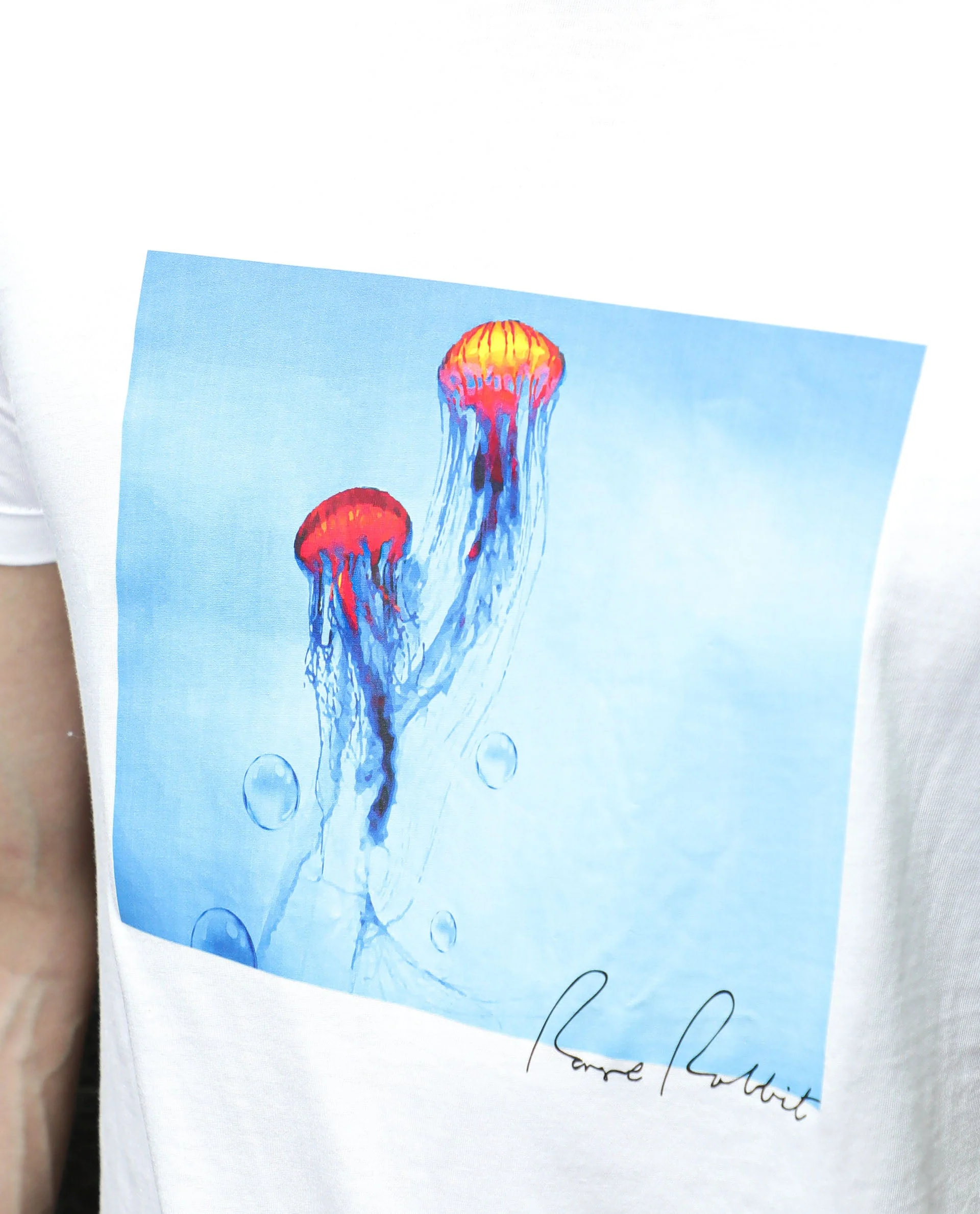 Rare Rabbit Men's Brad White Cotton Graphic Print Slim Fit Half Sleeve Crew Neck T-Shirt - Image 3