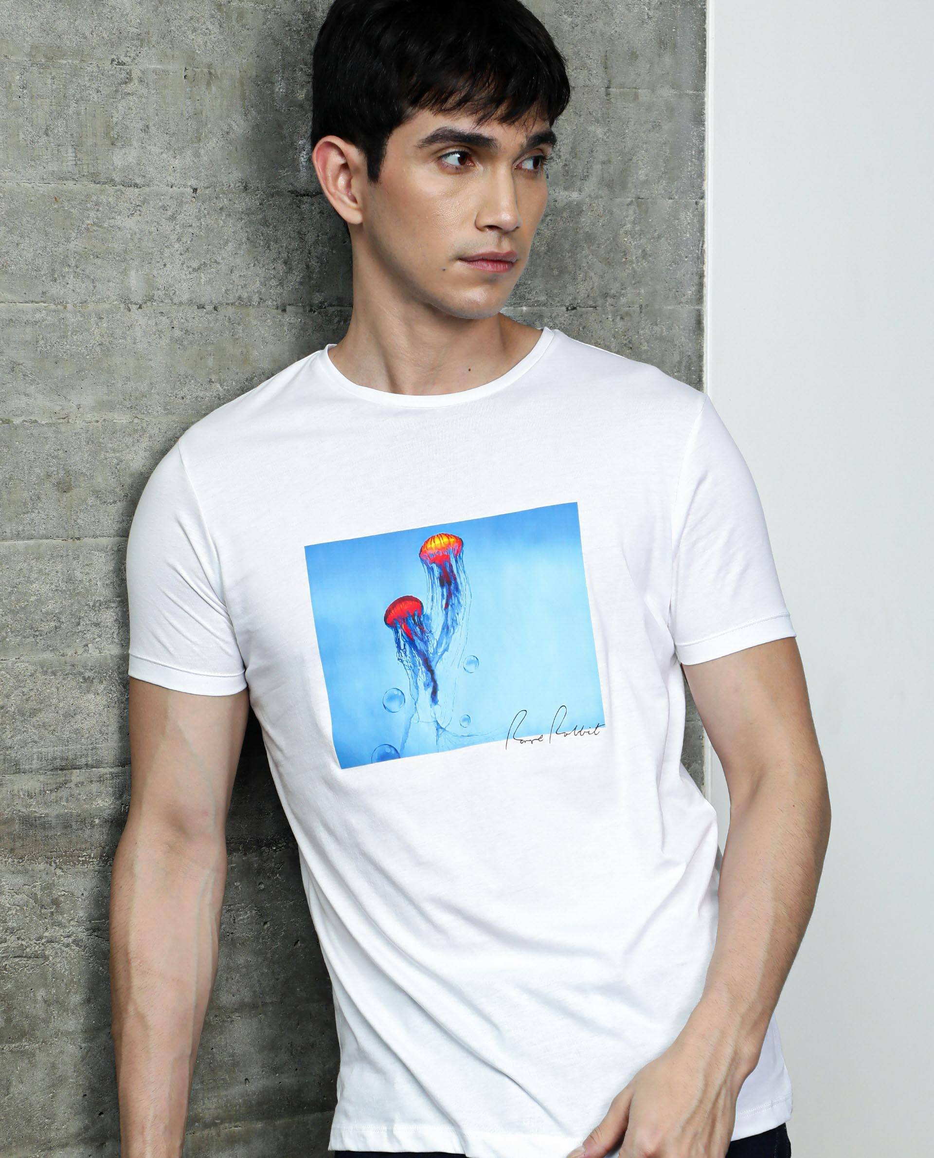 Rare Rabbit Men's Brad White Cotton Graphic Print Slim Fit Half Sleeve Crew Neck T-Shirt - Image 5