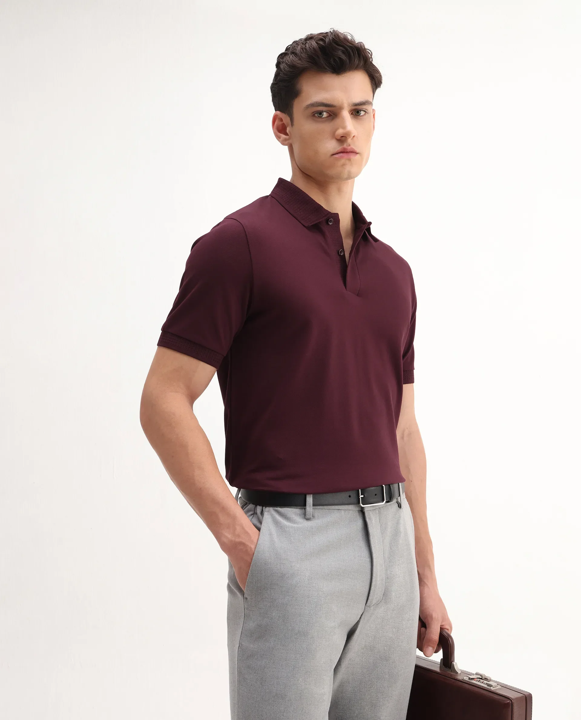 Rare Rabbit Men's Braf Dark Maroon Cotton Blend Plain Regular Fit Half Sleeve Polo