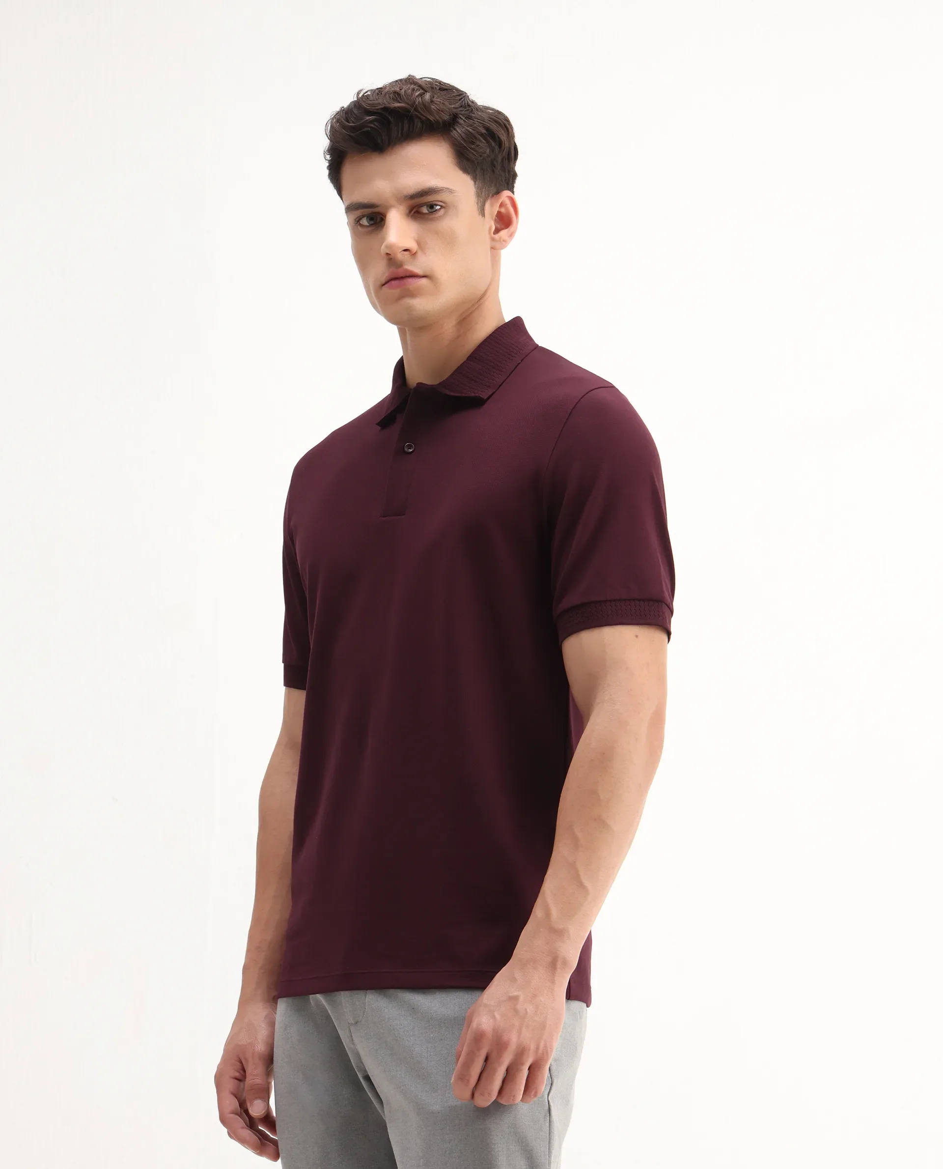 Rare Rabbit Men's Braf Dark Maroon Cotton Blend Plain Regular Fit Half Sleeve Polo - Image 5