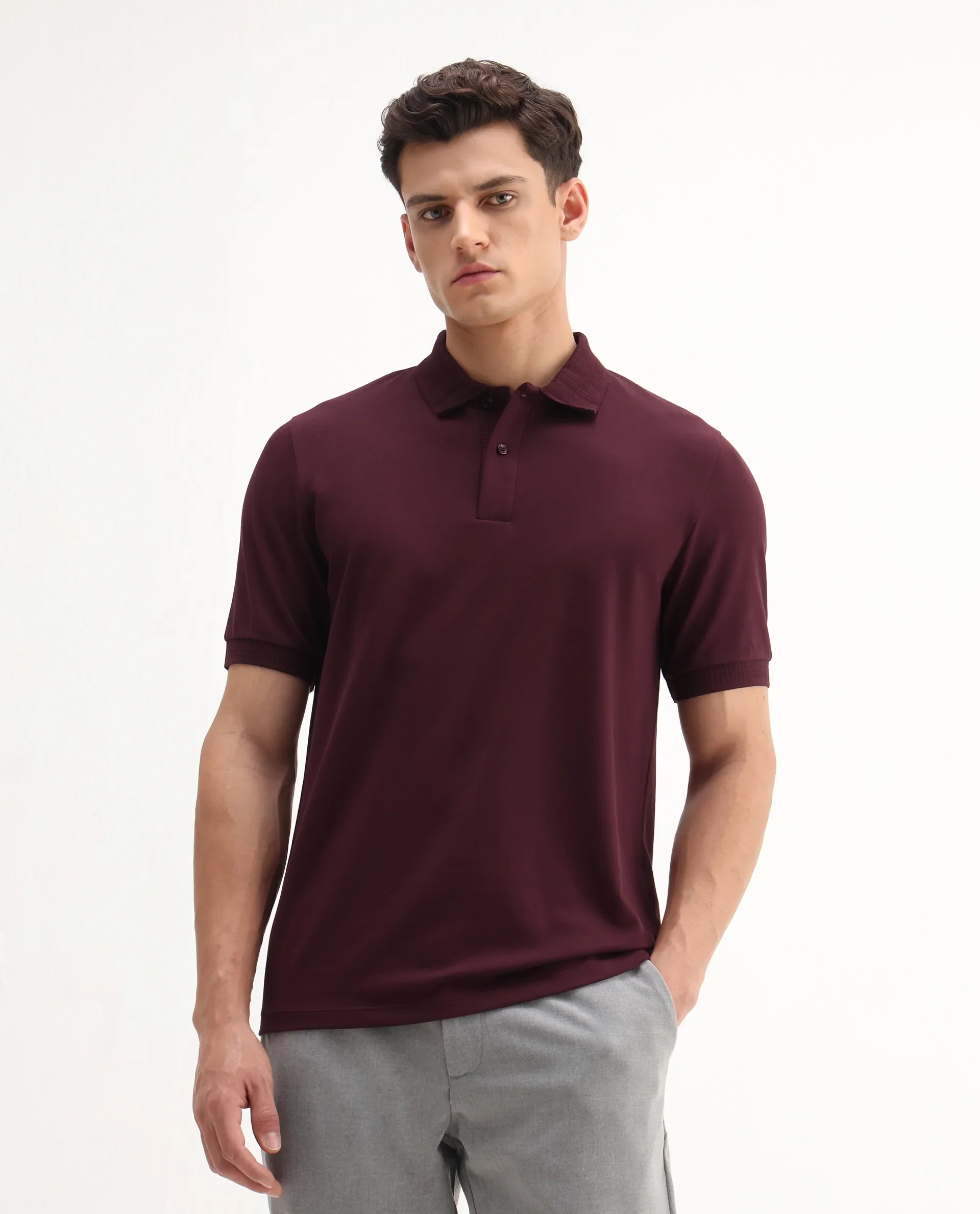 Rare Rabbit Men's Braf Dark Maroon Cotton Blend Plain Regular Fit Half Sleeve Polo - Image 6