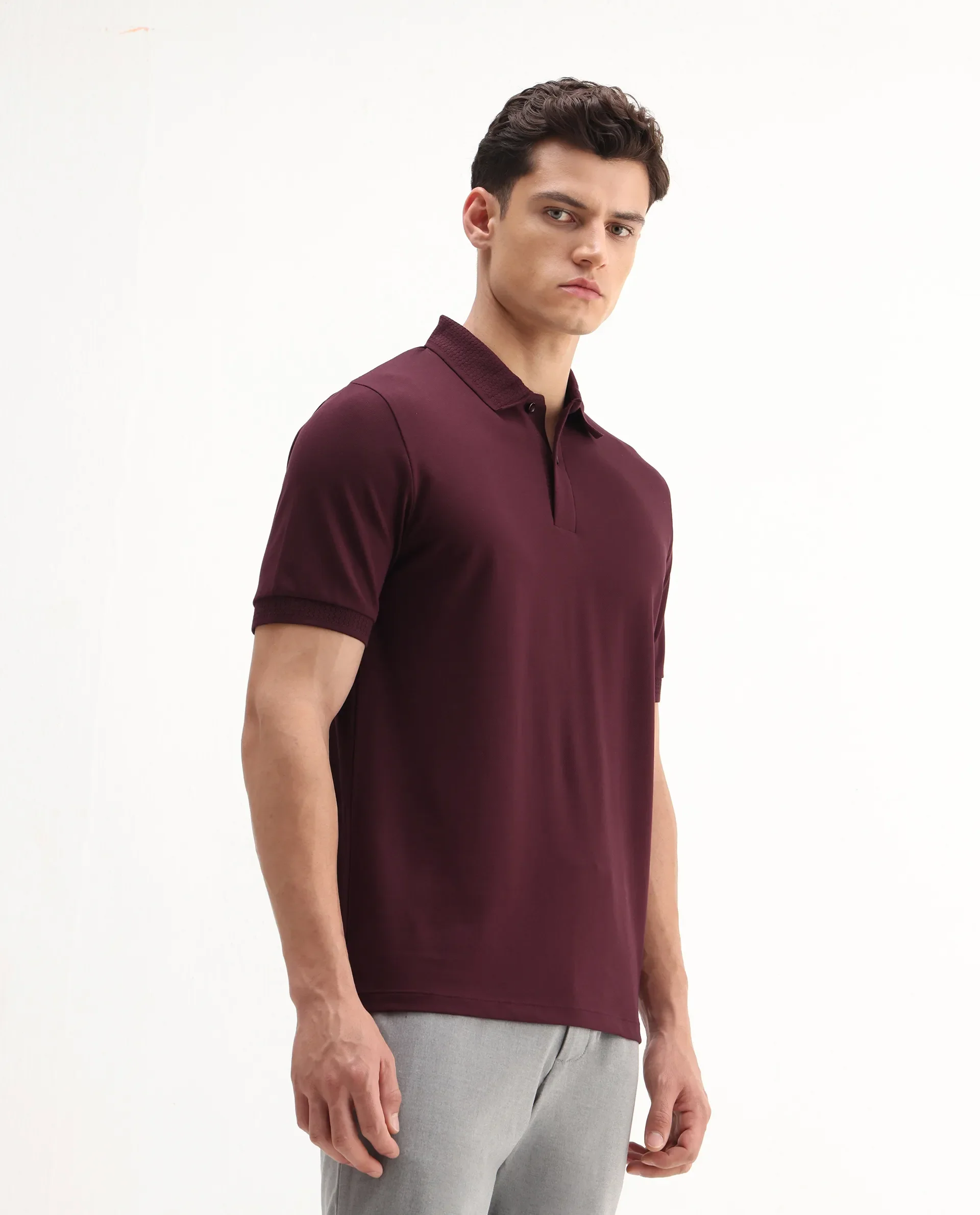 Rare Rabbit Men's Braf Dark Maroon Cotton Blend Plain Regular Fit Half Sleeve Polo - Image 7
