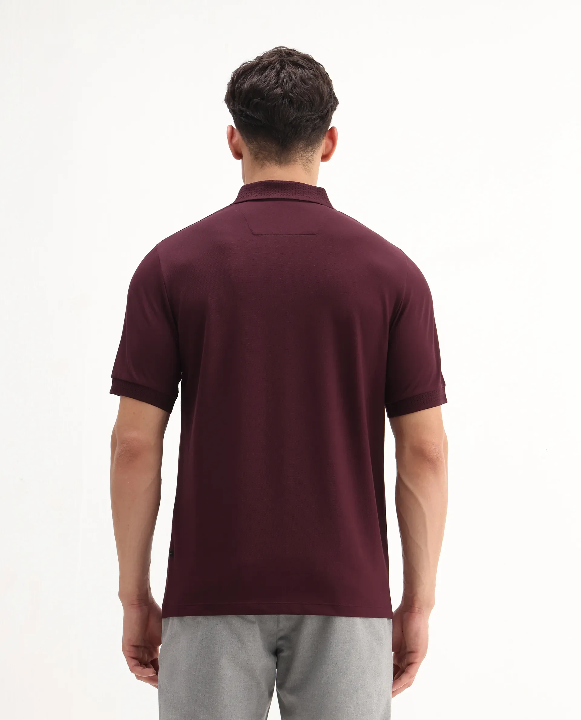 Rare Rabbit Men's Braf Dark Maroon Cotton Blend Plain Regular Fit Half Sleeve Polo - Image 8