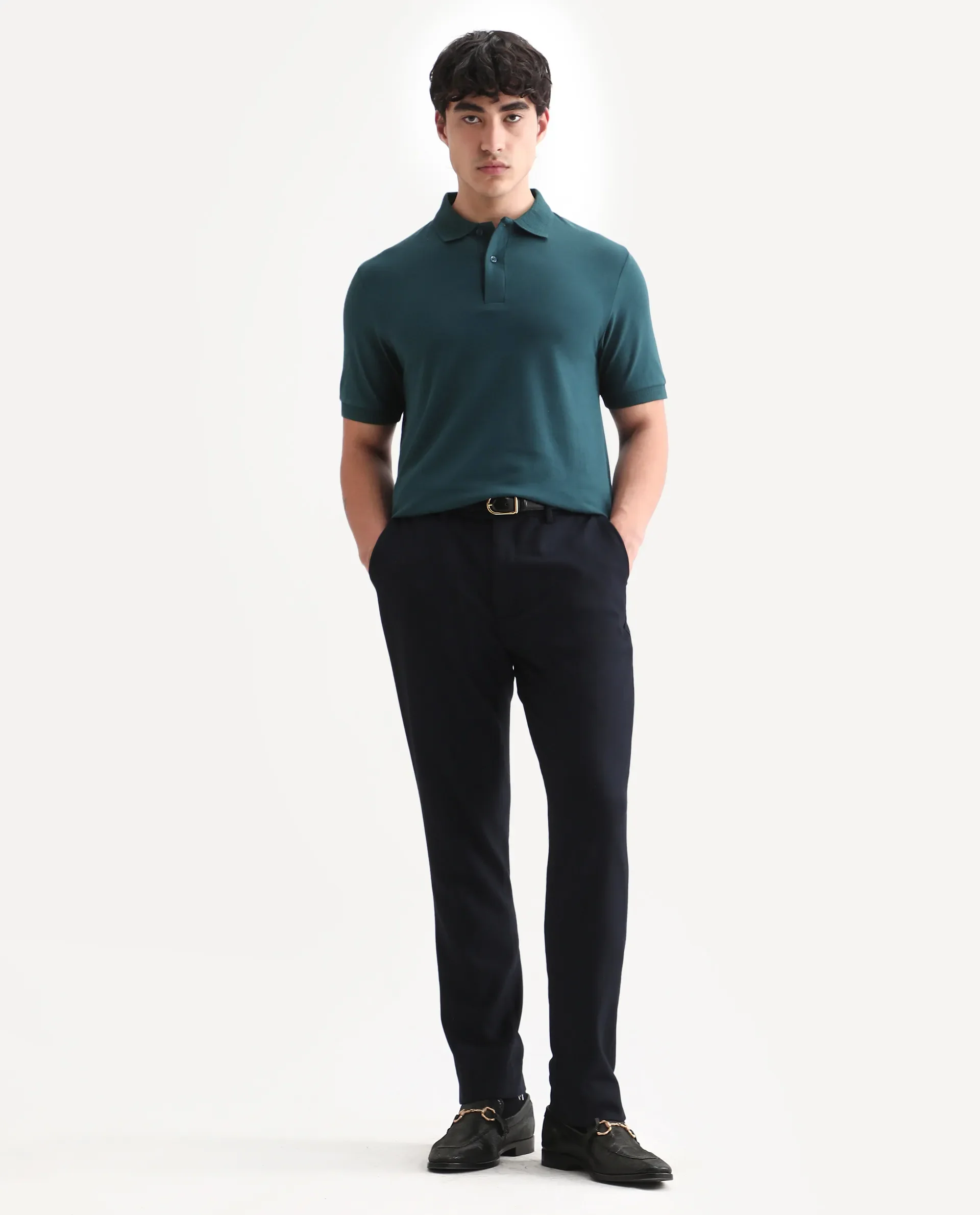 Rare Rabbit Men's Braf Dark Teal Cotton Blend Plain Regular Fit Half Sleeve Polo - Image 2