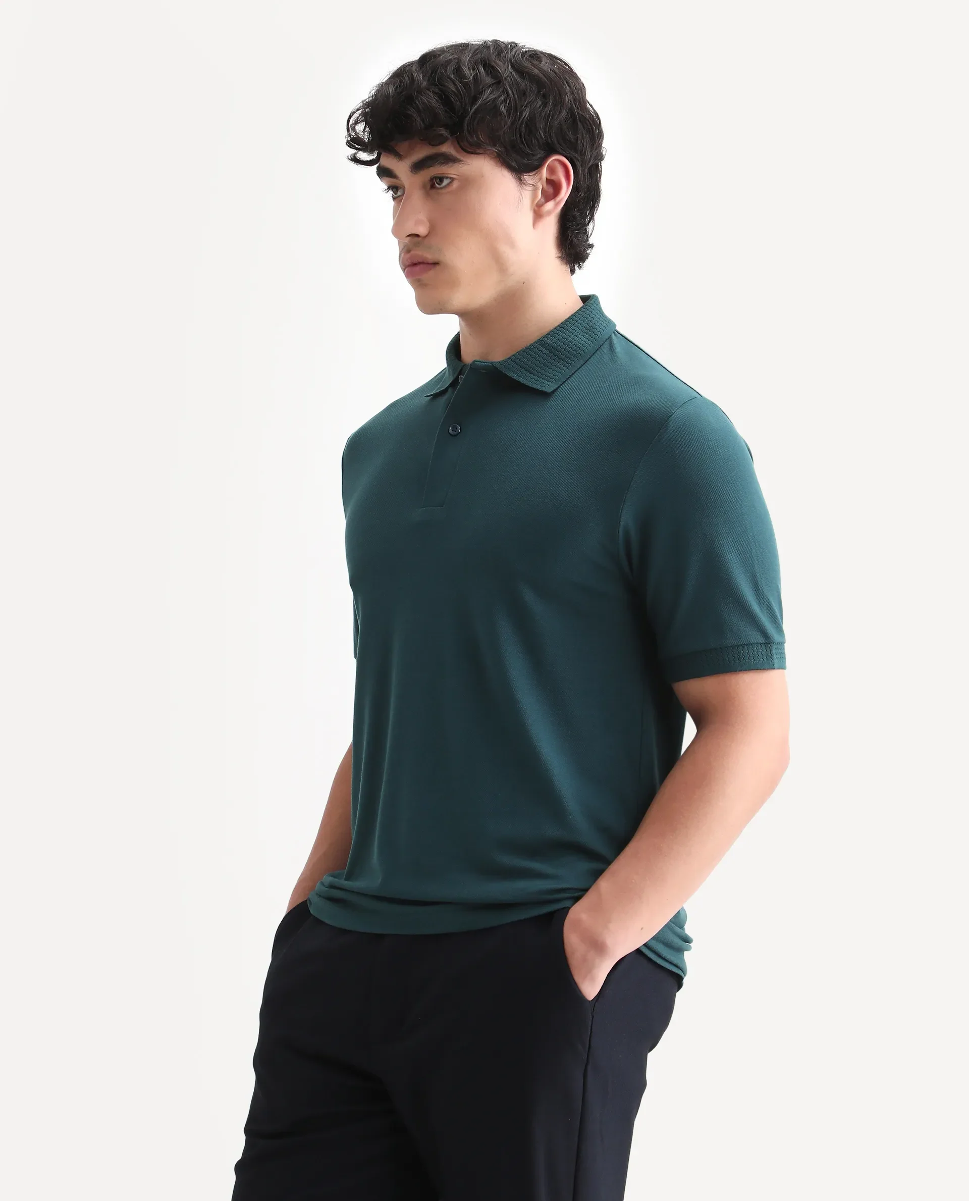 Rare Rabbit Men's Braf Dark Teal Cotton Blend Plain Regular Fit Half Sleeve Polo - Image 4