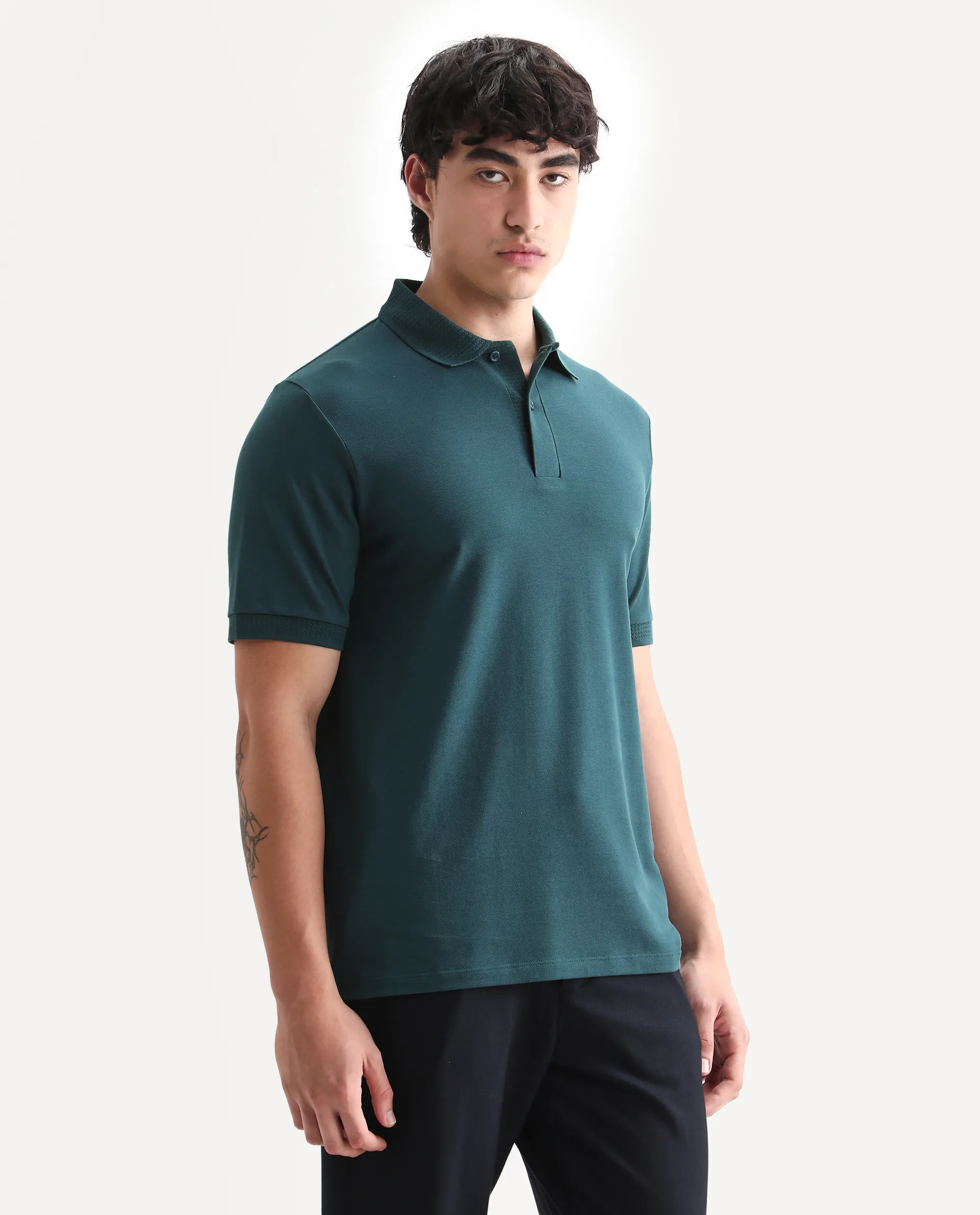 Rare Rabbit Men's Braf Dark Teal Cotton Blend Plain Regular Fit Half Sleeve Polo - Image 5