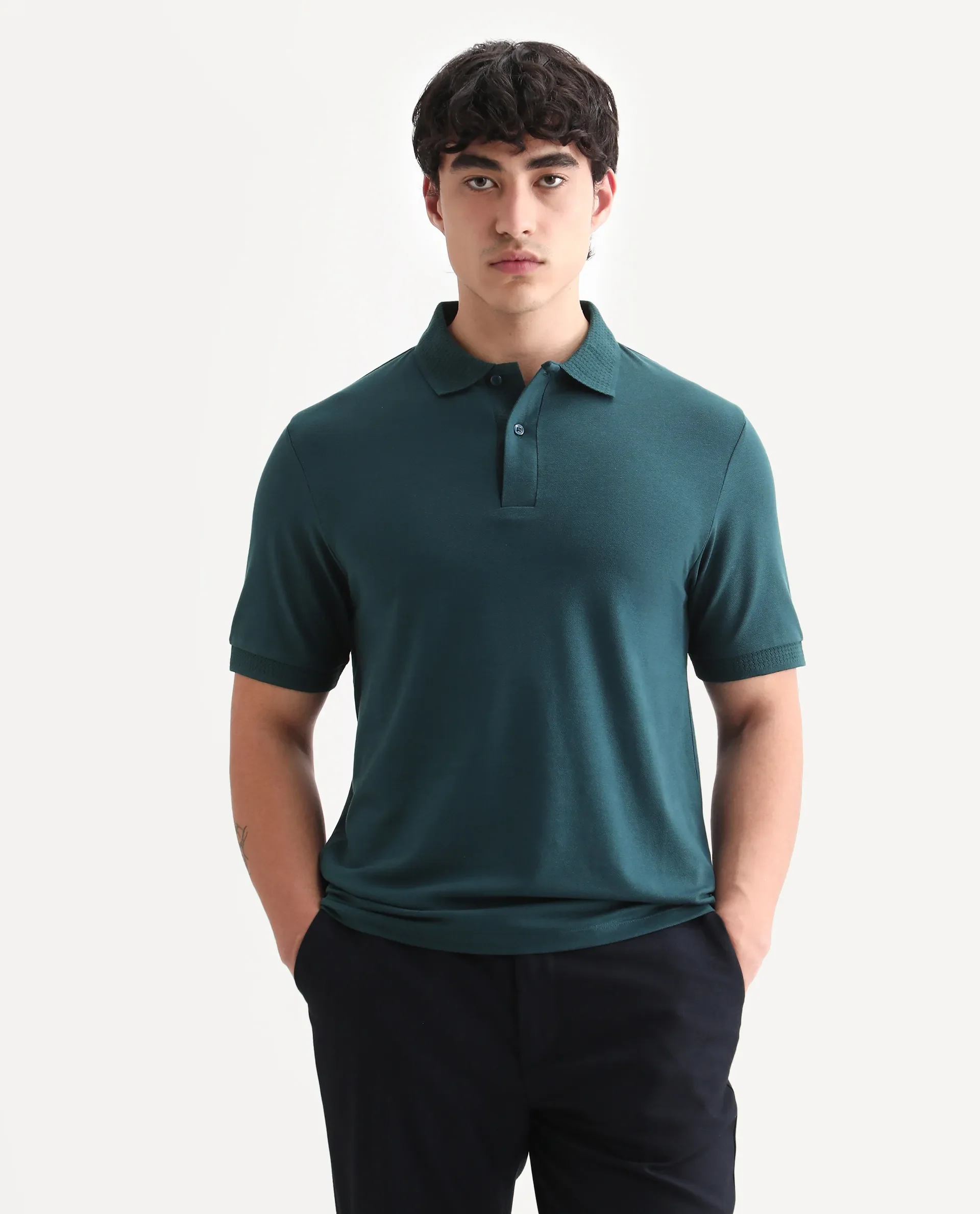 Rare Rabbit Men's Braf Dark Teal Cotton Blend Plain Regular Fit Half Sleeve Polo - Image 6