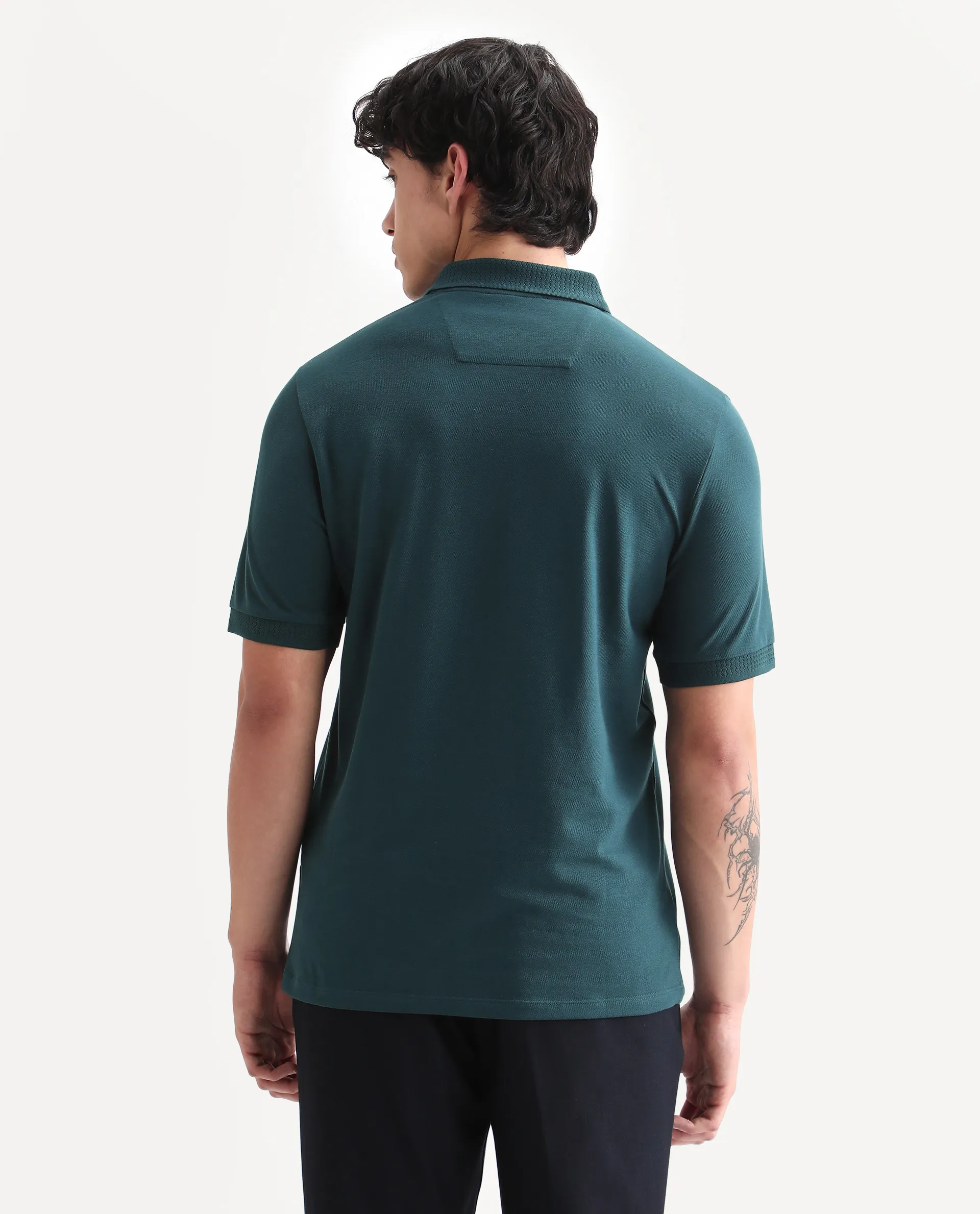 Rare Rabbit Men's Braf Dark Teal Cotton Blend Plain Regular Fit Half Sleeve Polo - Image 7