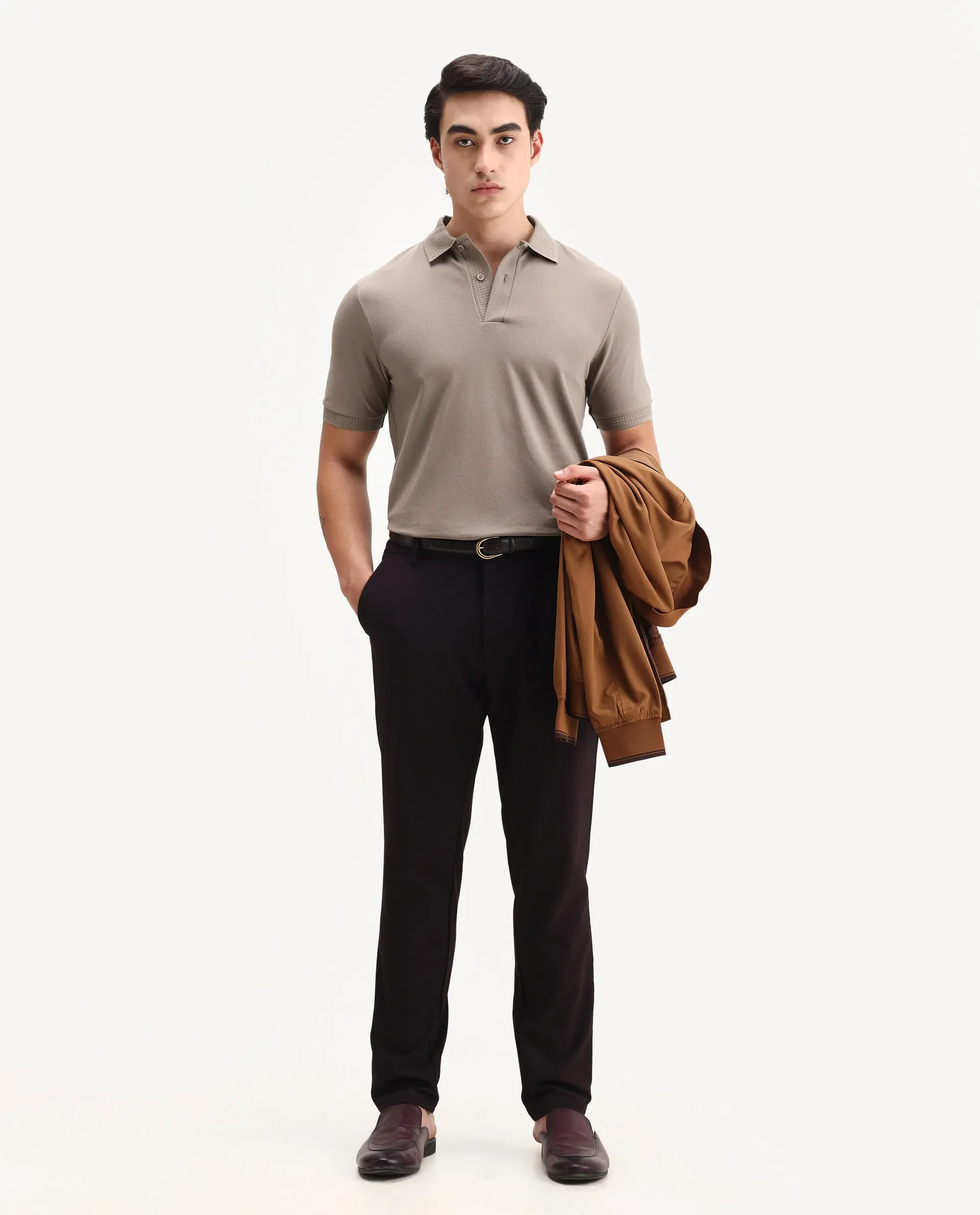 Rare Rabbit Men's Braf Dusky Brown Cotton Blend Plain Regular Fit Half Sleeve Polo - Image 2