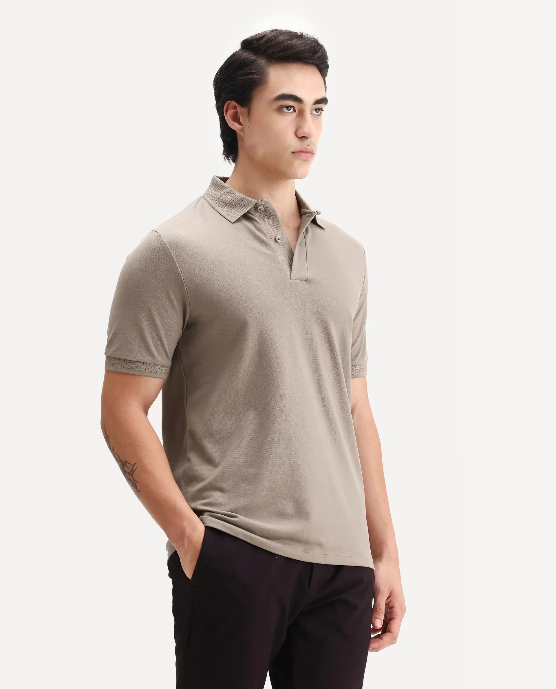 Rare Rabbit Men's Braf Dusky Brown Cotton Blend Plain Regular Fit Half Sleeve Polo - Image 4