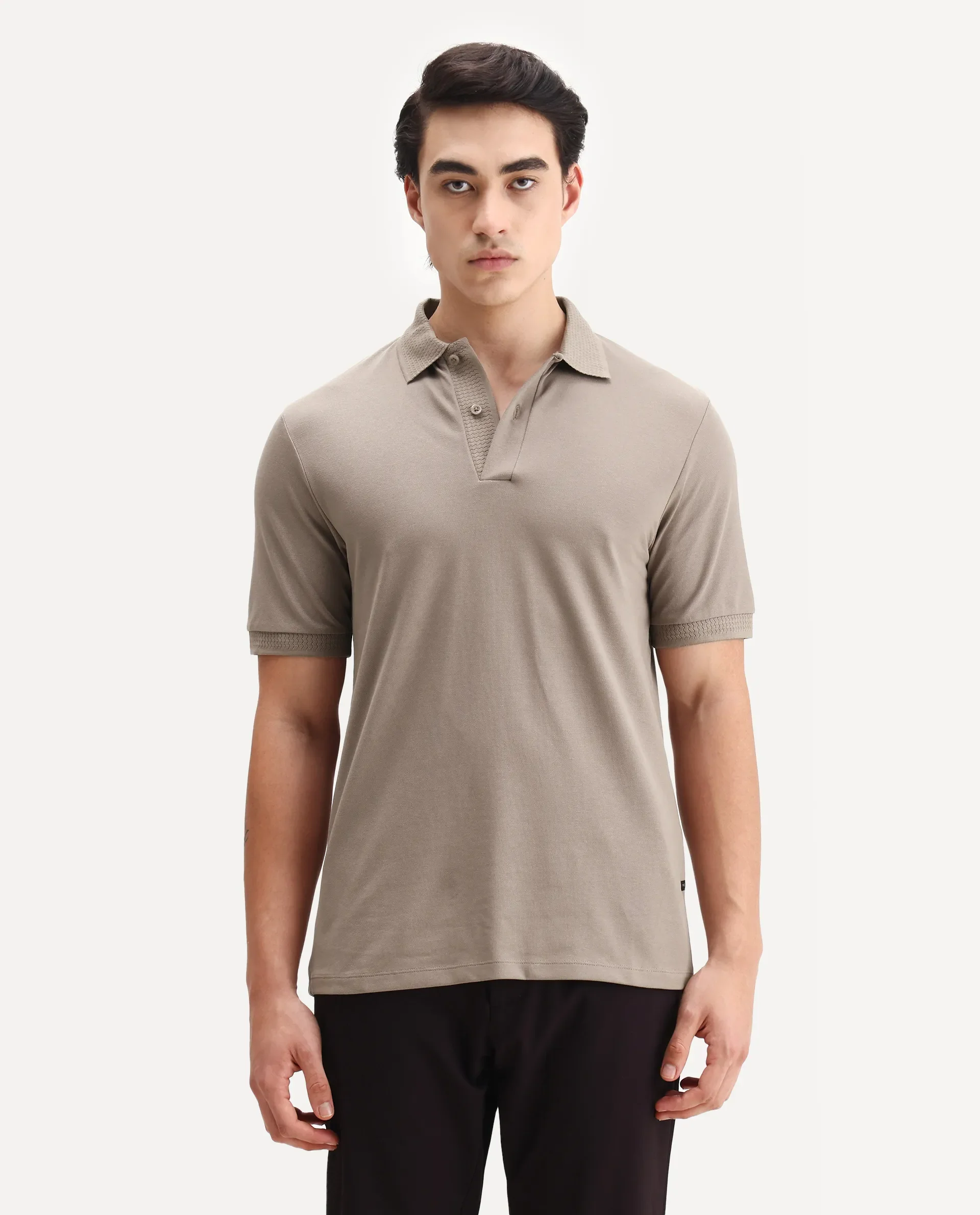 Rare Rabbit Men's Braf Dusky Brown Cotton Blend Plain Regular Fit Half Sleeve Polo - Image 6