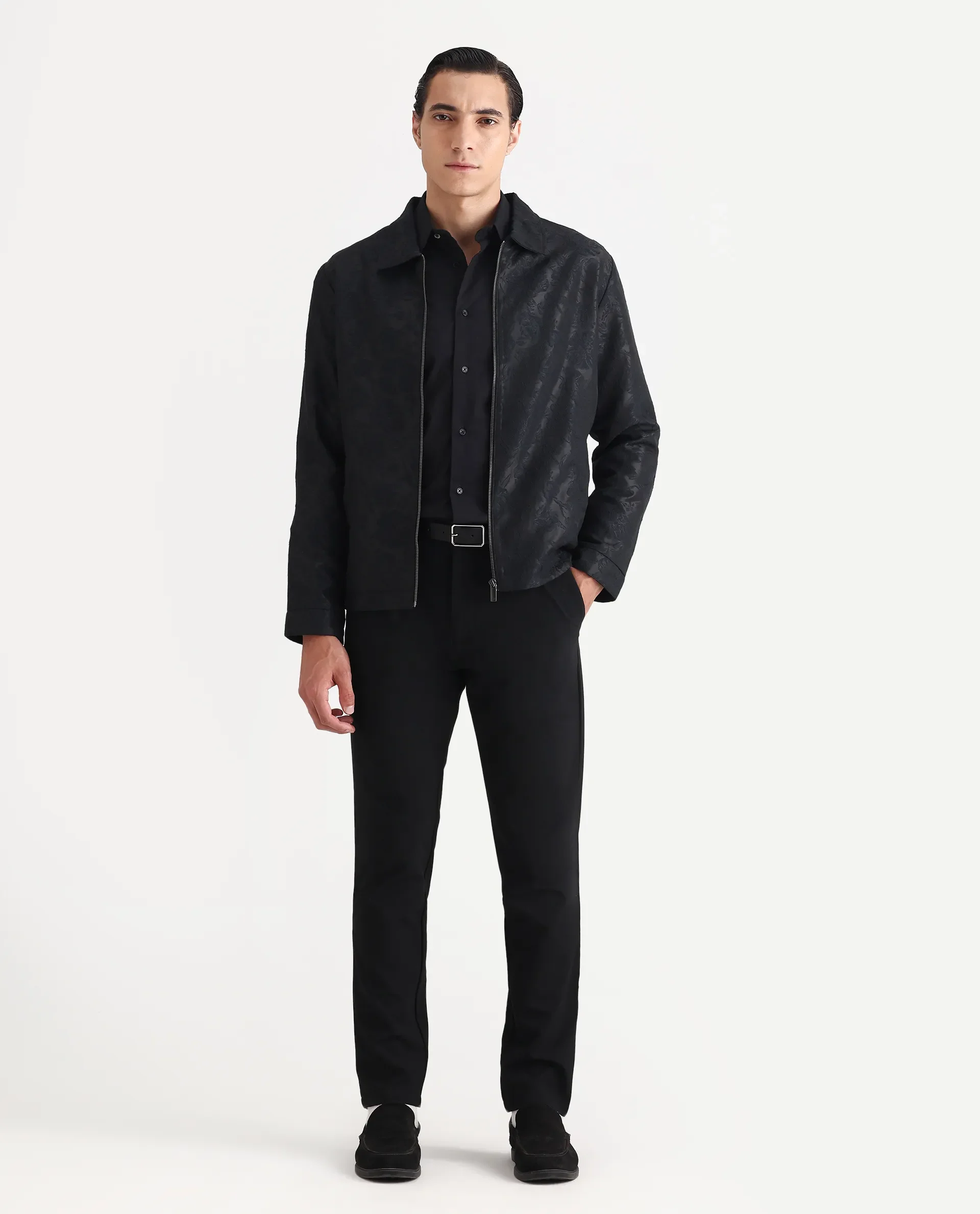 Rare Rabbit Men's Braga Dark Navy Polyester Jacquard Regular Fit Full Sleeve Spread Collar Jacket - Image 2