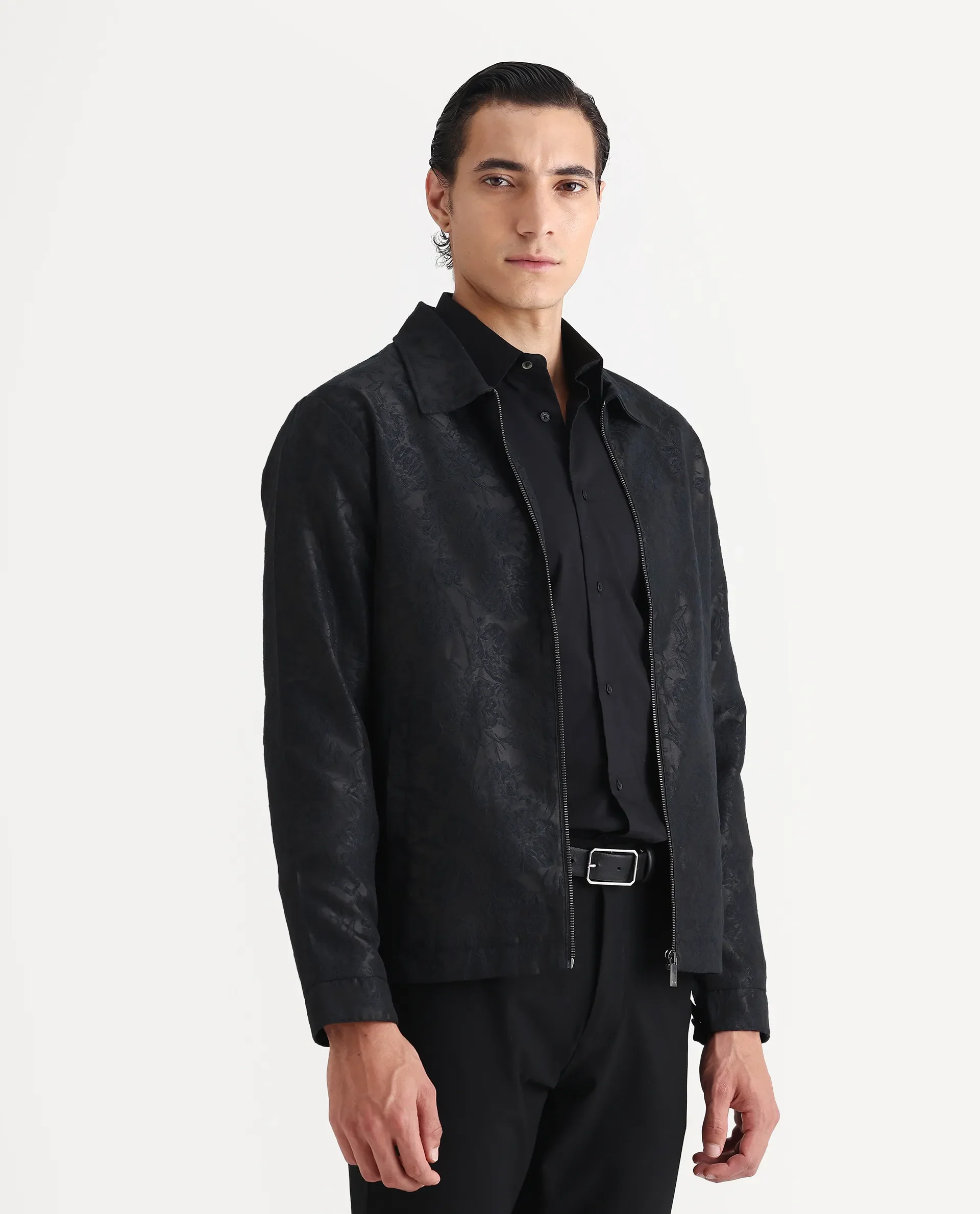 Rare Rabbit Men's Braga Dark Navy Polyester Jacquard Regular Fit Full Sleeve Spread Collar Jacket - Image 3