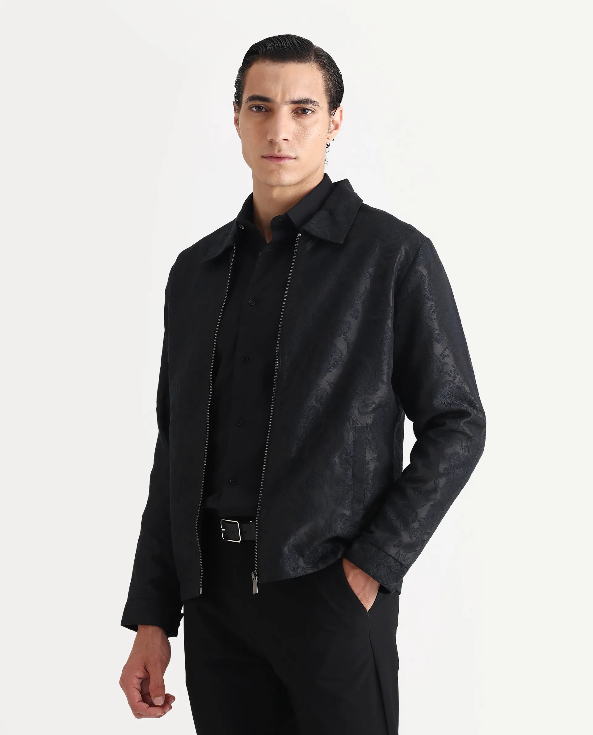 Rare Rabbit Men's Braga Dark Navy Polyester Jacquard Regular Fit Full Sleeve Spread Collar Jacket - Image 4