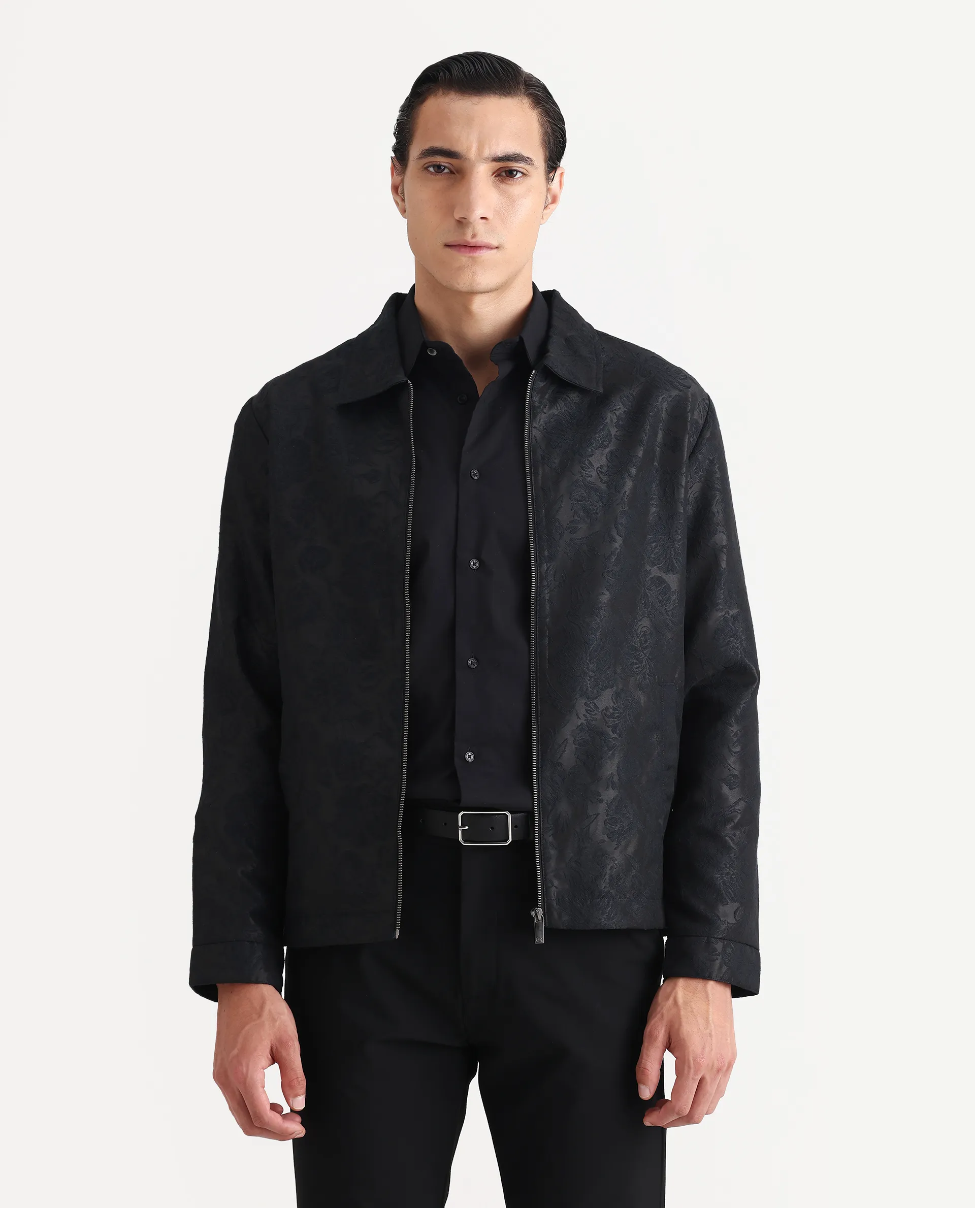 Rare Rabbit Men's Braga Dark Navy Polyester Jacquard Regular Fit Full Sleeve Spread Collar Jacket - Image 5