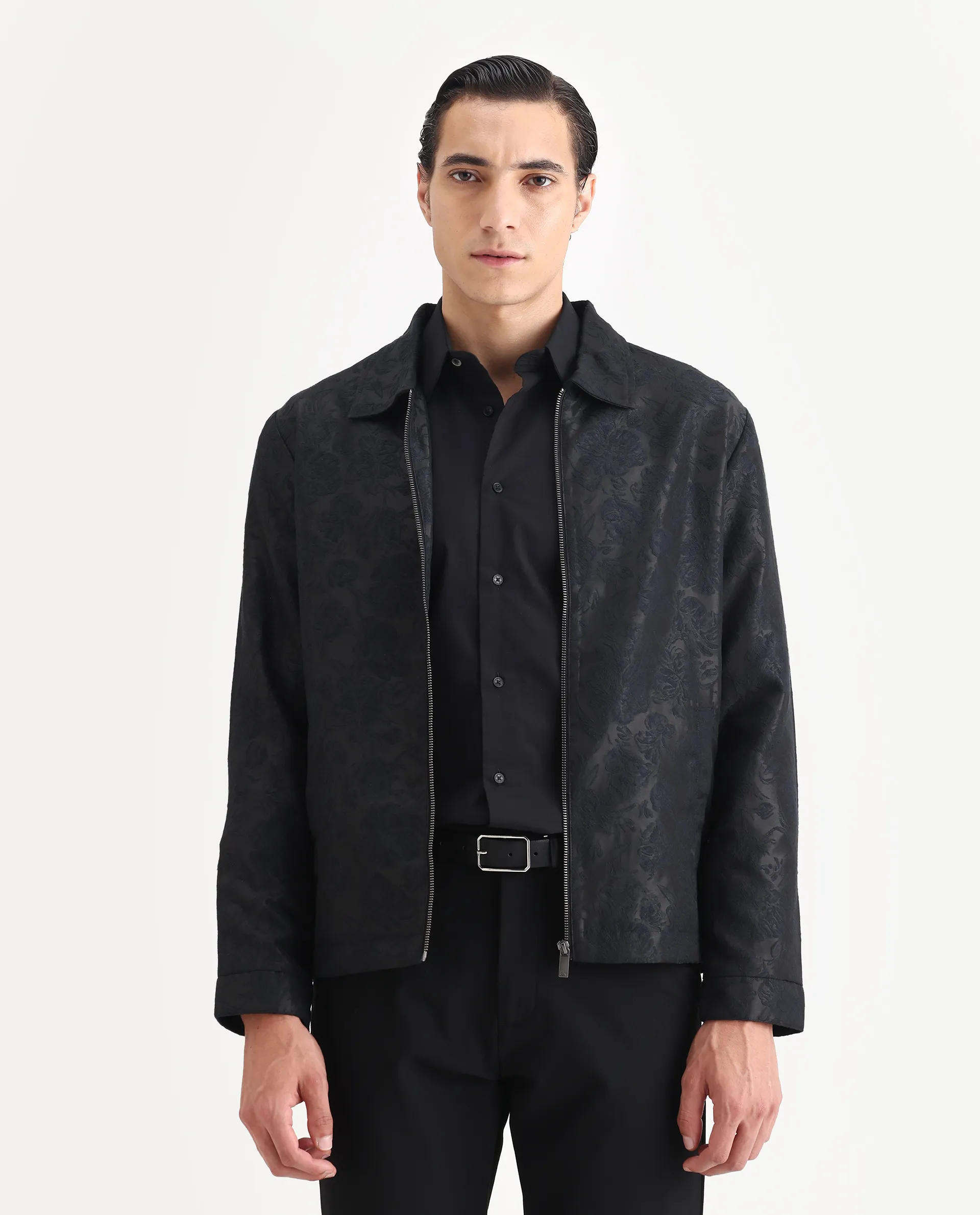 Rare Rabbit Men's Braga Dark Navy Polyester Jacquard Regular Fit Full Sleeve Spread Collar Jacket - Image 6