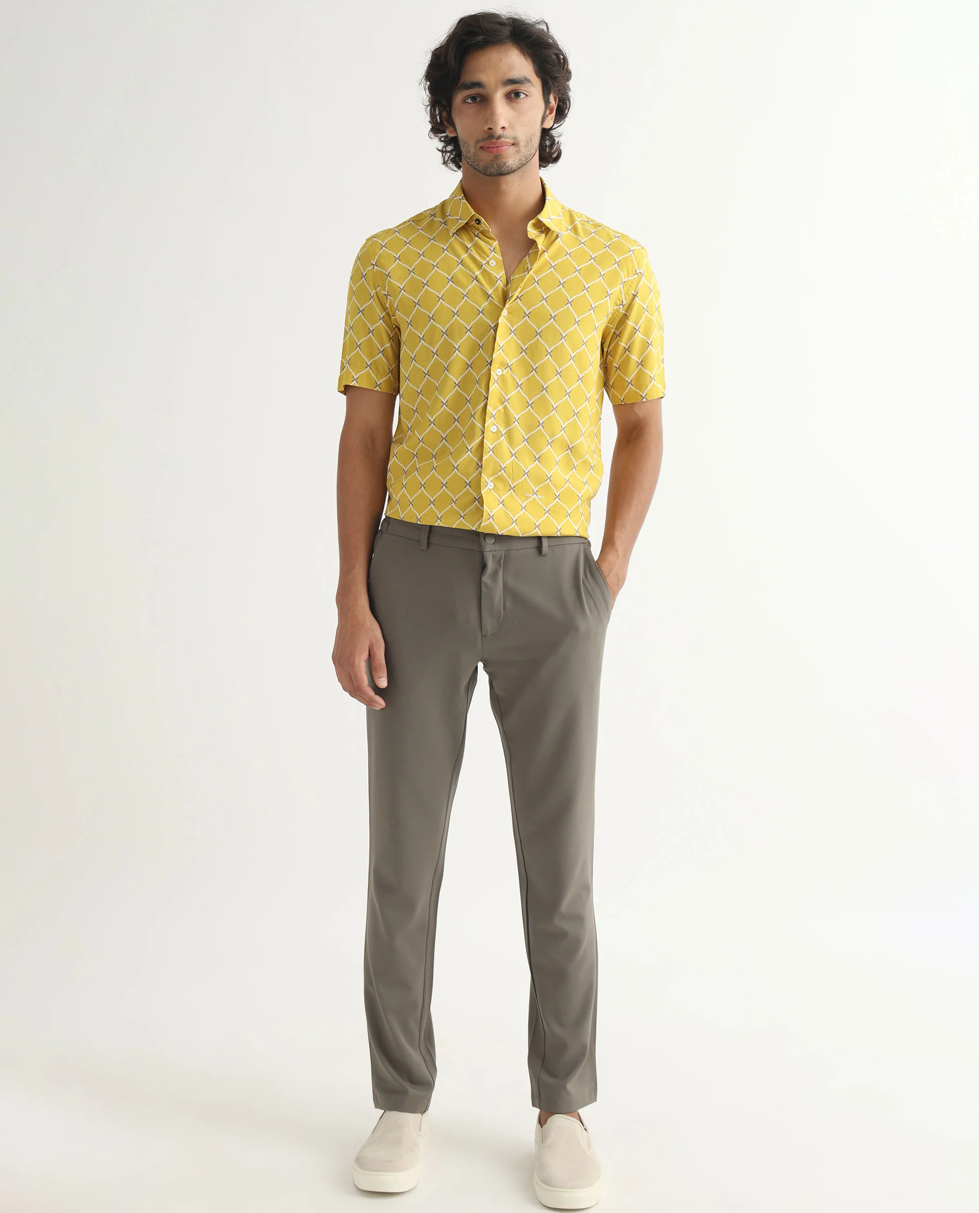 Rare Rabbit Men's Barga Mustard Viscose Geometric Print Regular Fit Half Sleeve Collared Shirt - Image 2
