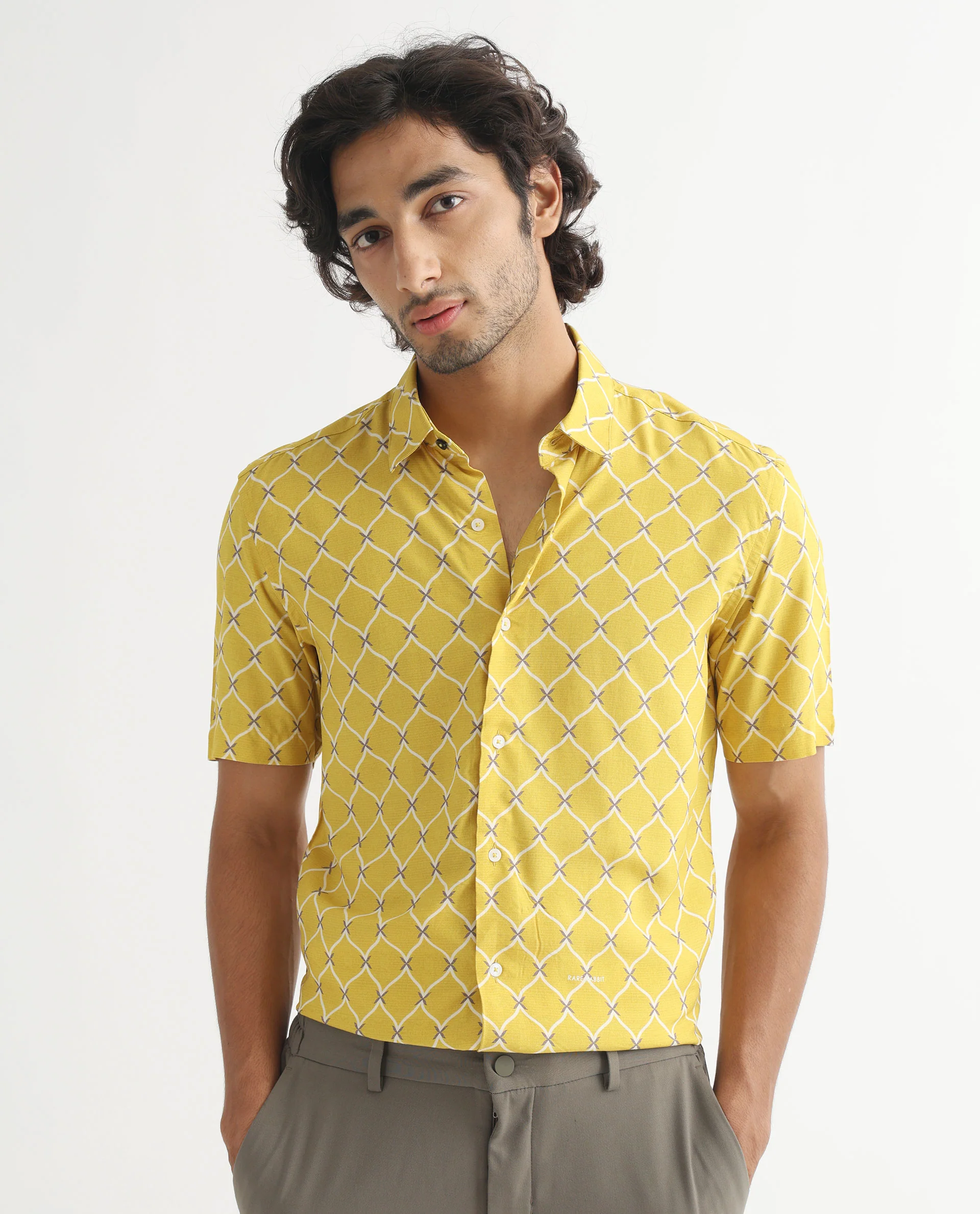Rare Rabbit Men's Barga Mustard Viscose Geometric Print Regular Fit Half Sleeve Collared Shirt - Image 3