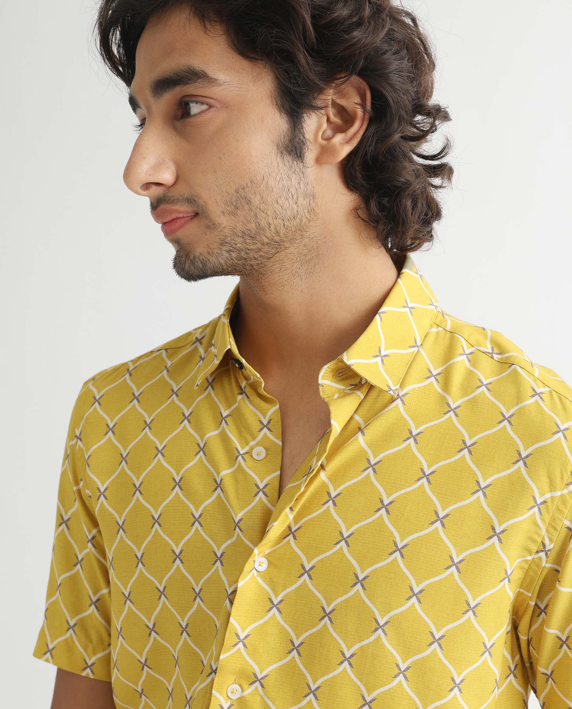 Rare Rabbit Men's Barga Mustard Viscose Geometric Print Regular Fit Half Sleeve Collared Shirt - Image 4