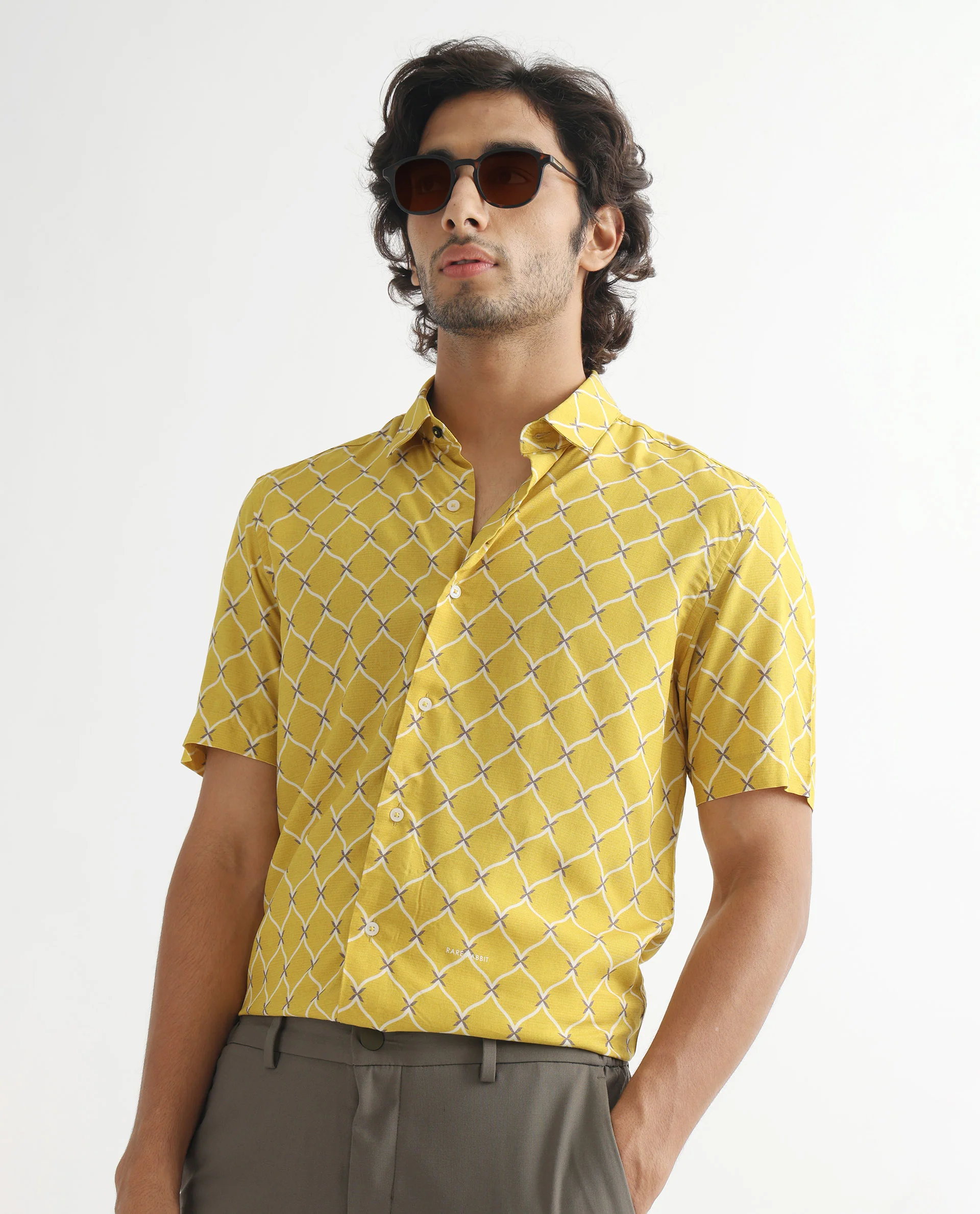 Rare Rabbit Men's Barga Mustard Viscose Geometric Print Regular Fit Half Sleeve Collared Shirt - Image 5