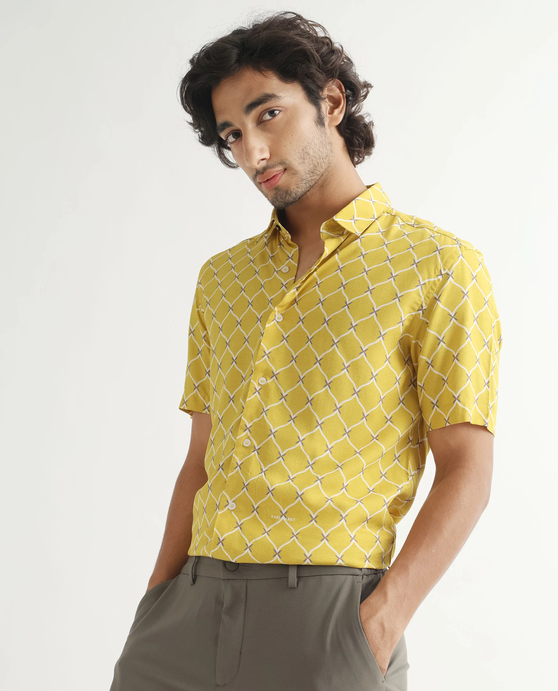 Rare Rabbit Men's Barga Mustard Viscose Geometric Print Regular Fit Half Sleeve Collared Shirt - Image 6