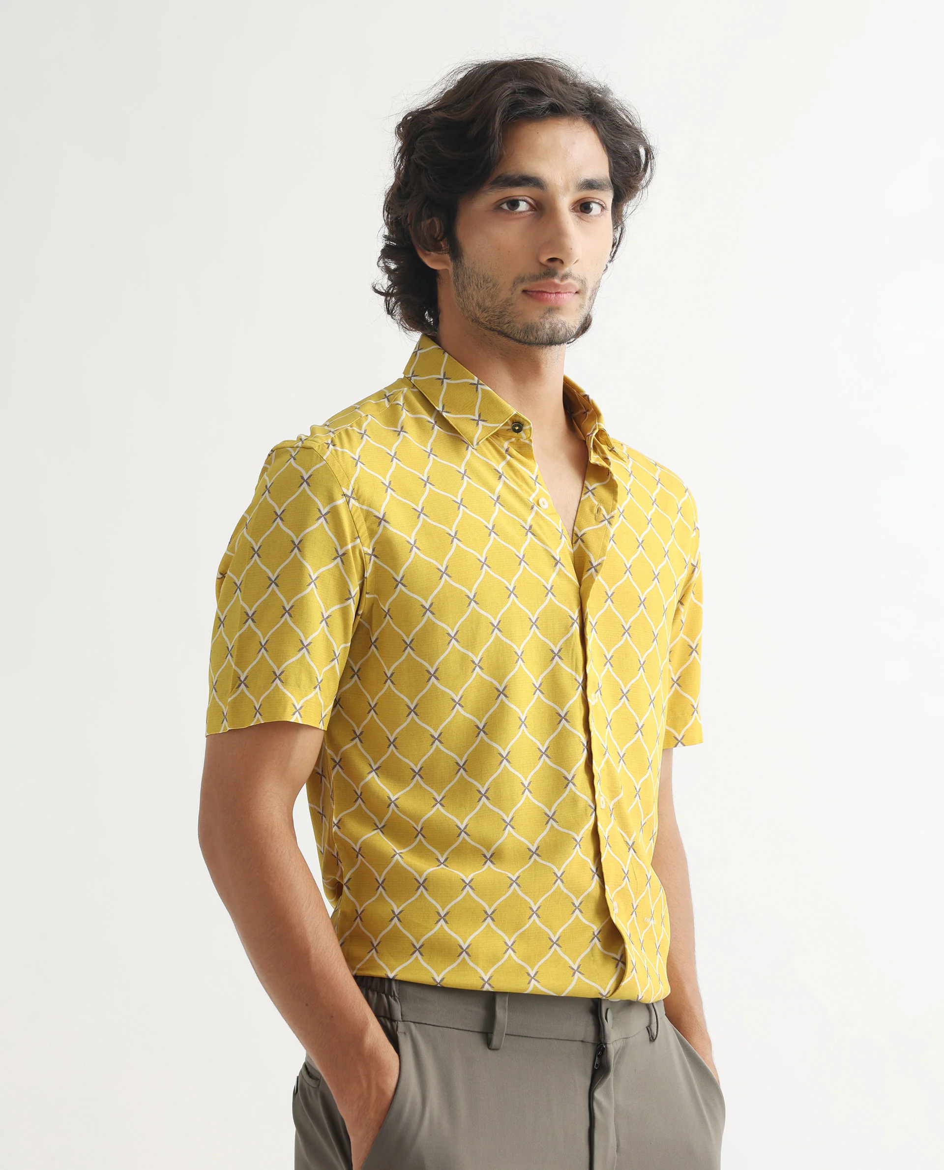 Rare Rabbit Men's Barga Mustard Viscose Geometric Print Regular Fit Half Sleeve Collared Shirt - Image 7