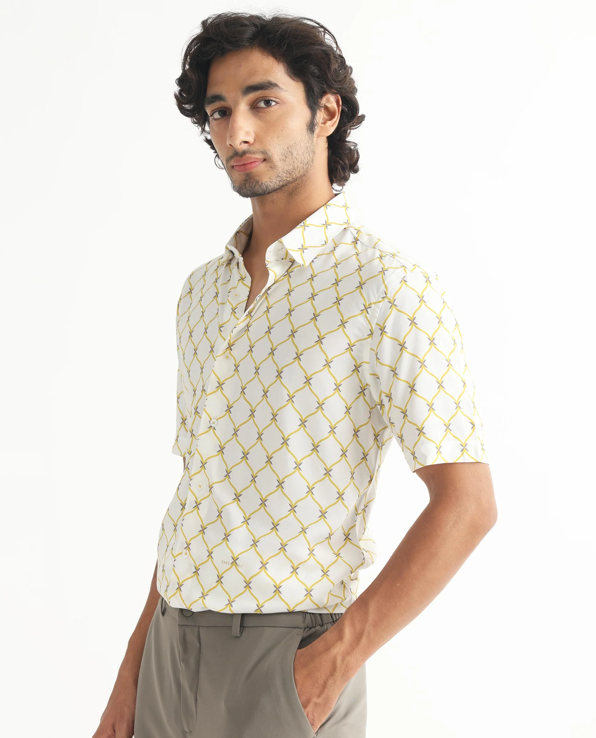 Rare Rabbit Men's Braga White Viscose Geometric Print Regular Fit Half Sleeve Collared Shirt - Image 3