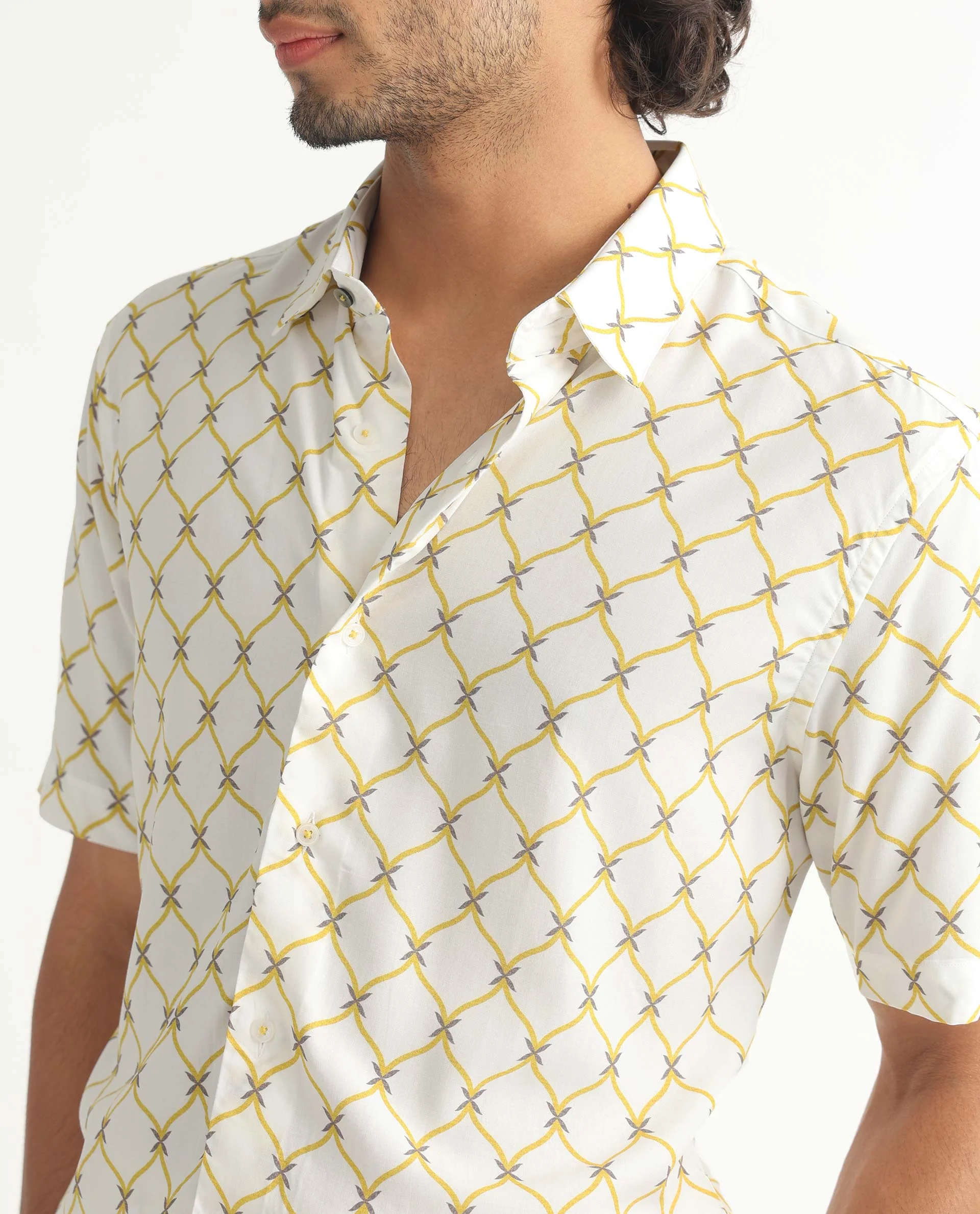 Rare Rabbit Men's Braga White Viscose Geometric Print Regular Fit Half Sleeve Collared Shirt - Image 5