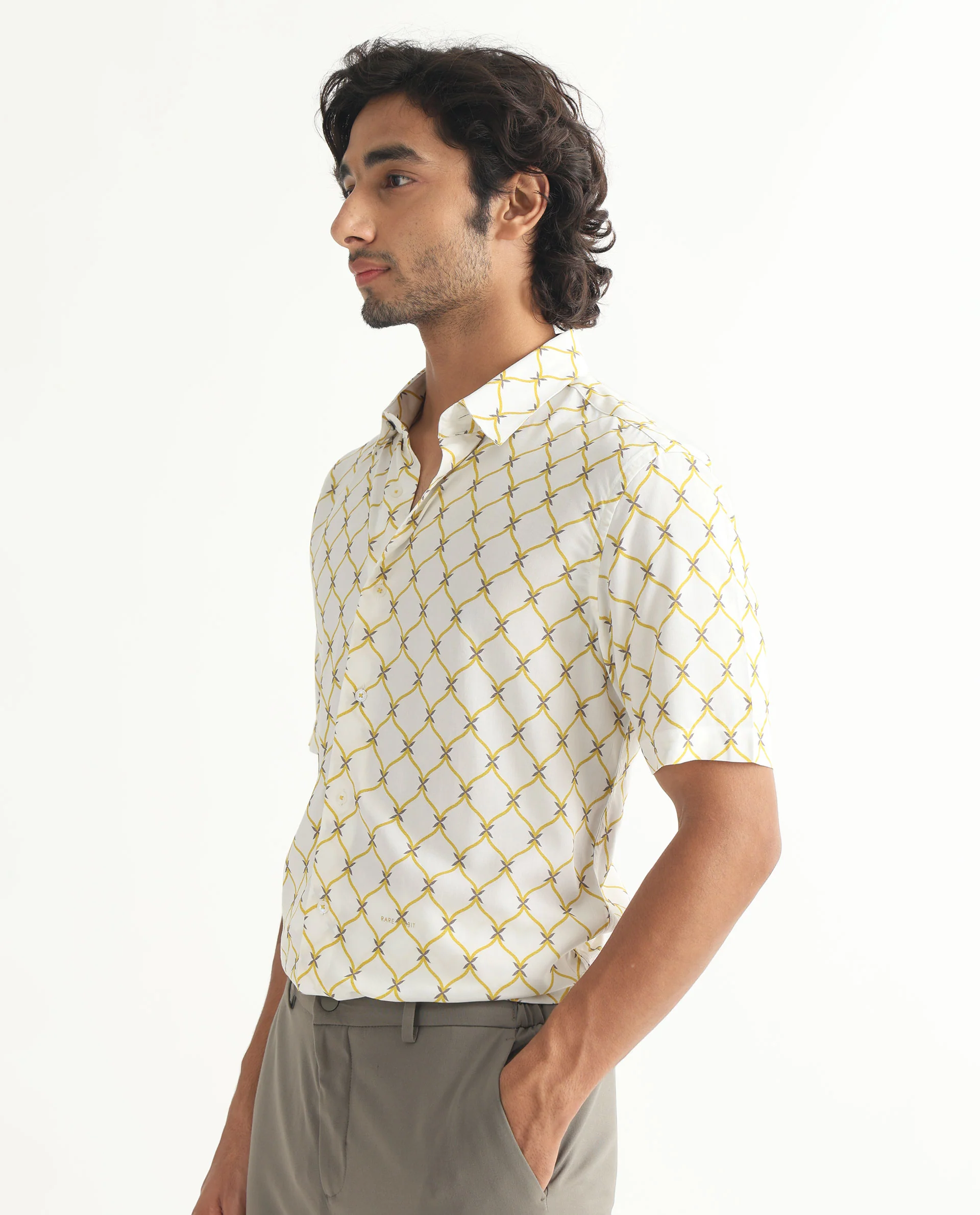 Rare Rabbit Men's Braga White Viscose Geometric Print Regular Fit Half Sleeve Collared Shirt - Image 6