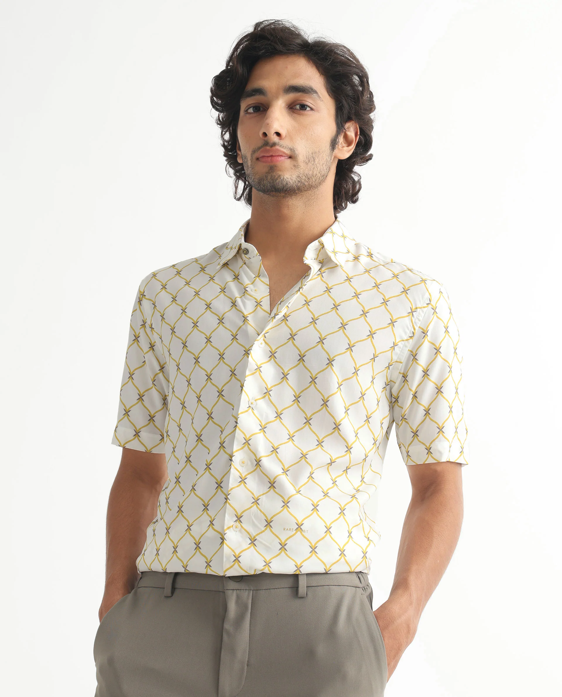 Rare Rabbit Men's Braga White Viscose Geometric Print Regular Fit Half Sleeve Collared Shirt - Image 7