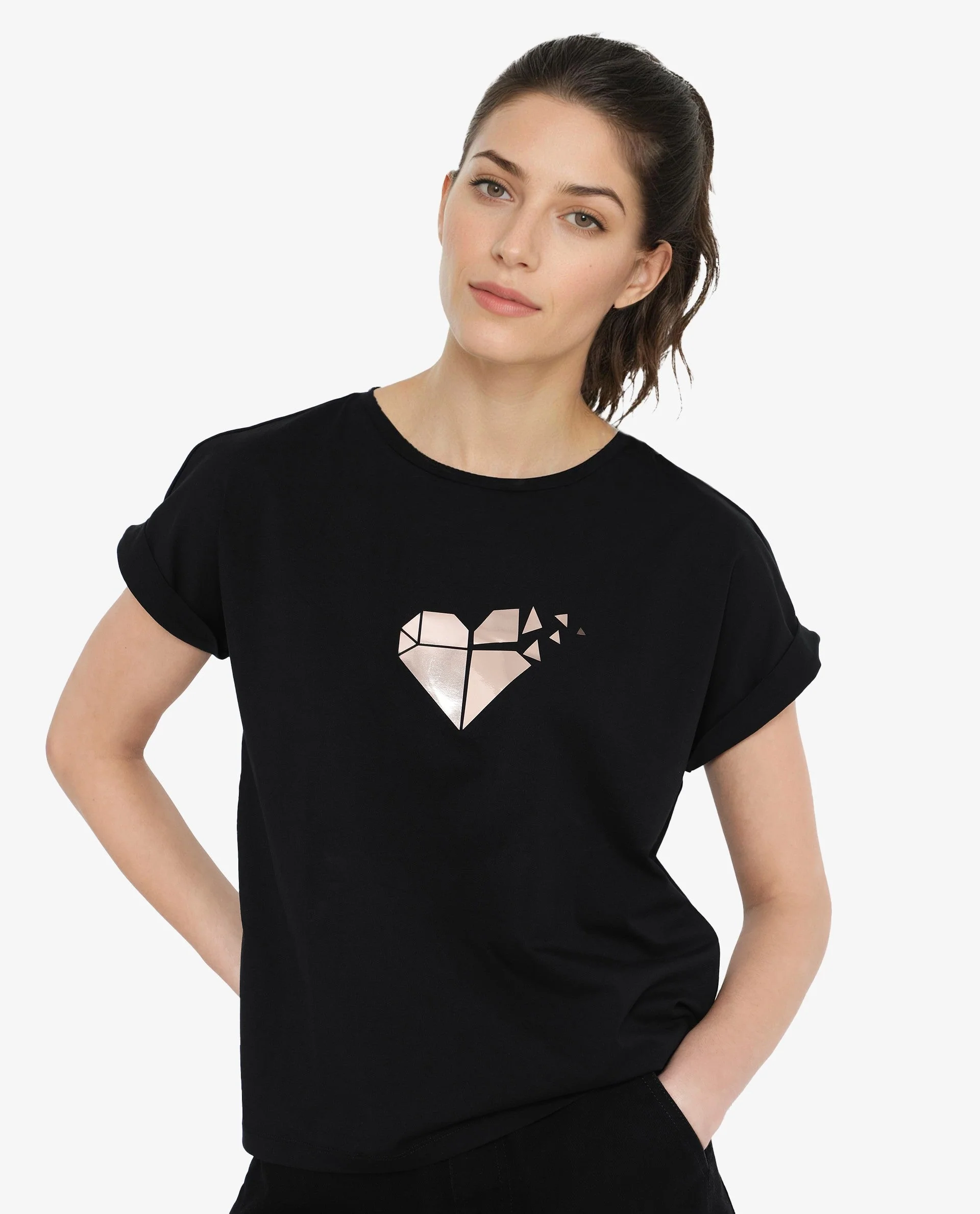 Rareism Women's Brahe Black Cotton Crew Neck Graphic Print Boxy Fit T-Shirt